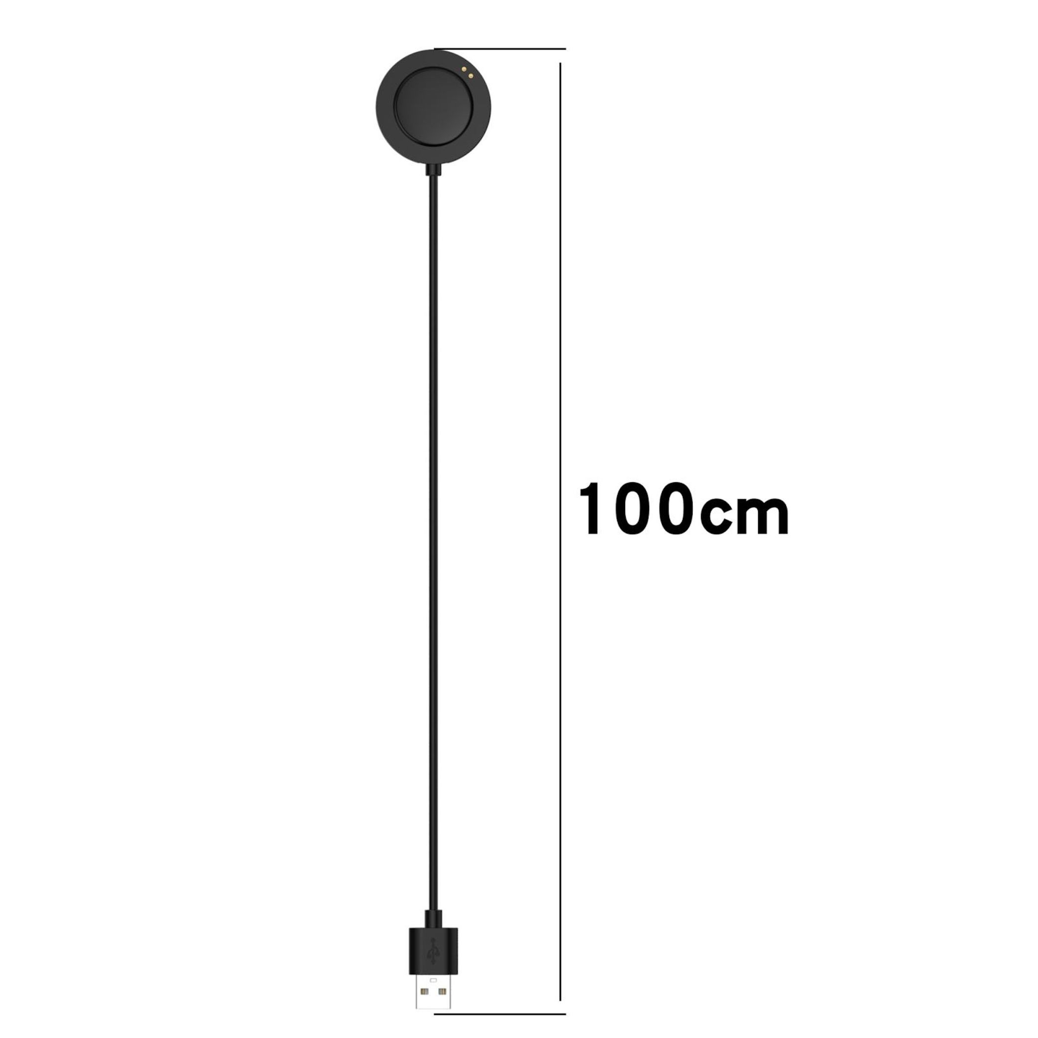 Ein 100cm langes schwarzes Ladekabel mit USB-Stecker und rundem Magnetstecker.