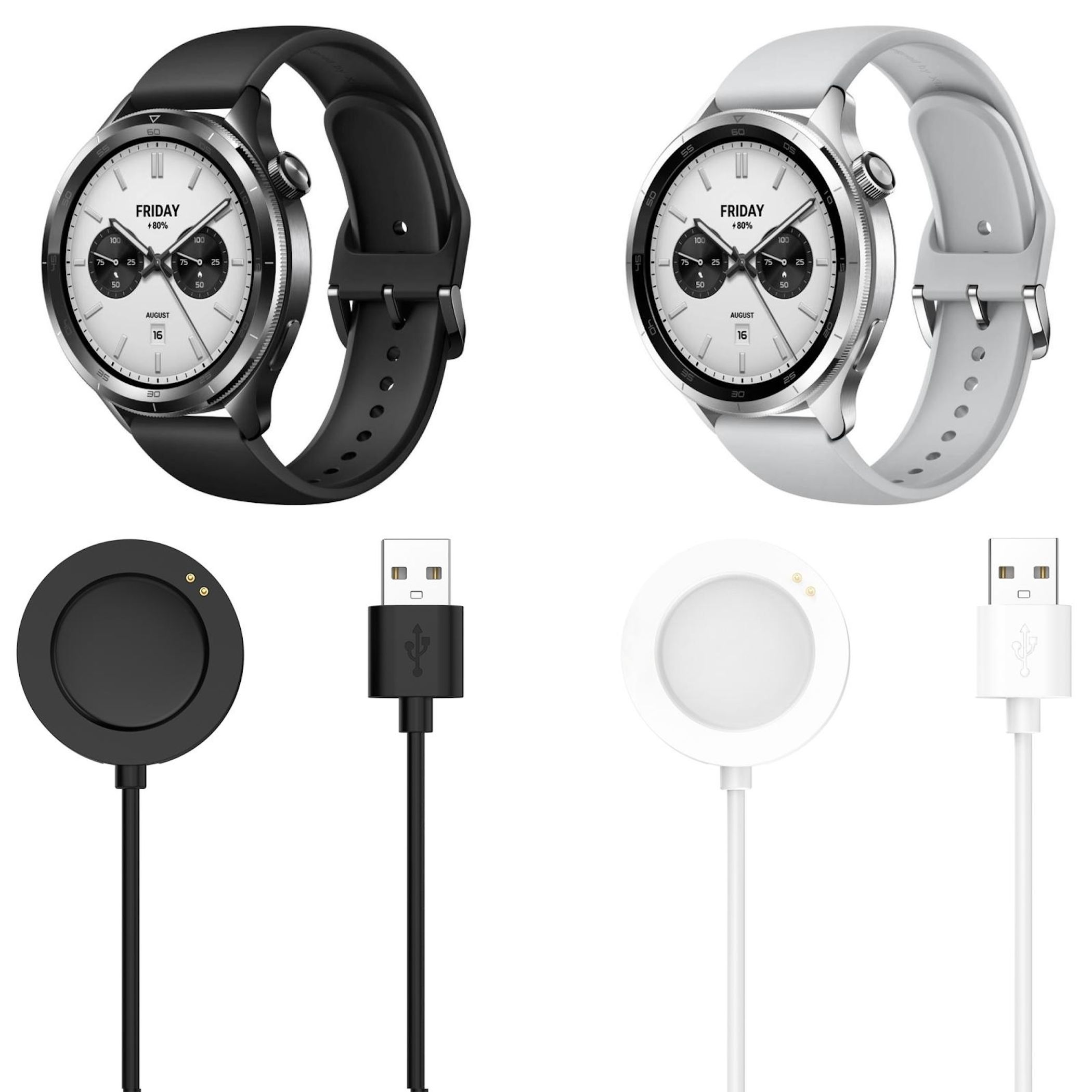 Zwei Smartwatches, eine schwarz, eine hellgrau, mit Ladegeräten und USB-Kabeln.