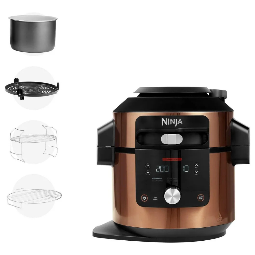 Kupferfarbener Ninja Multikocher mit Zubehör: Topf, Heißluftkorb, Dampfgareinsatz, Grillrost.
