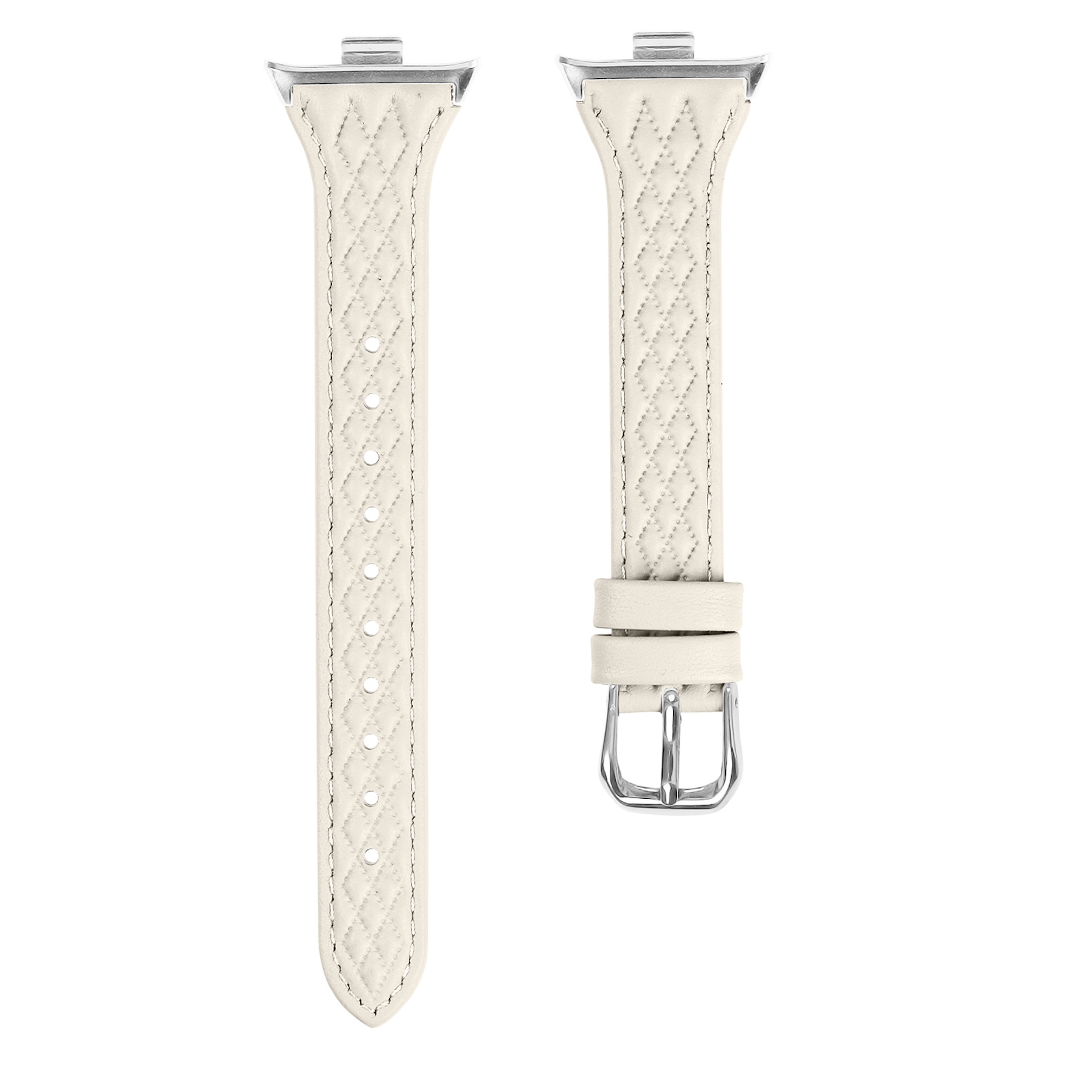 Zwei weiße Leder-Uhrenarmbänder mit Rautenmuster und Metallschnallen.