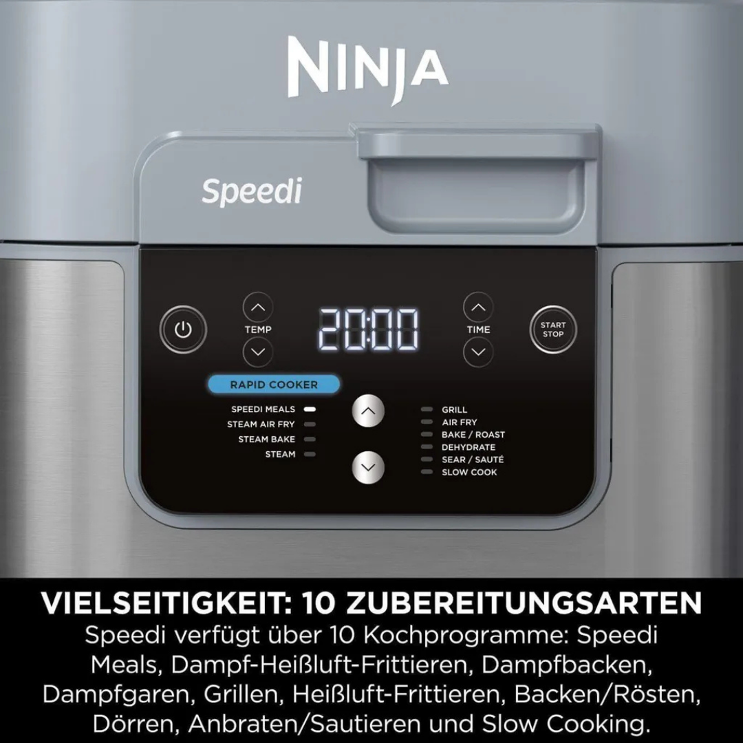 Ninja Speedi mit digitaler Anzeige für 20:00 Uhr und Kochprogrammen.
