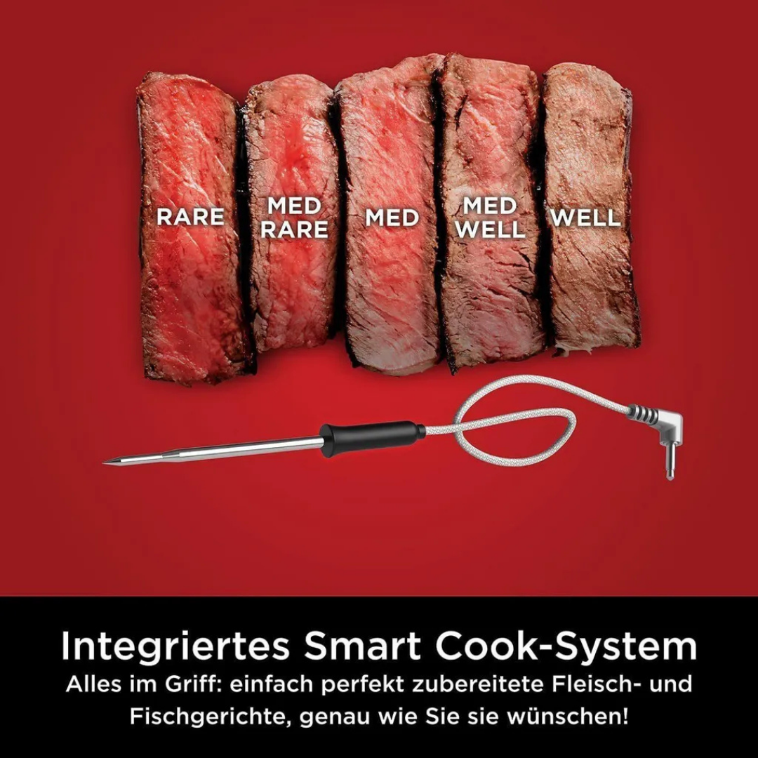 Fünf geschnittene Steaks mit unterschiedlichem Gargrad und einem Fleischthermometer.