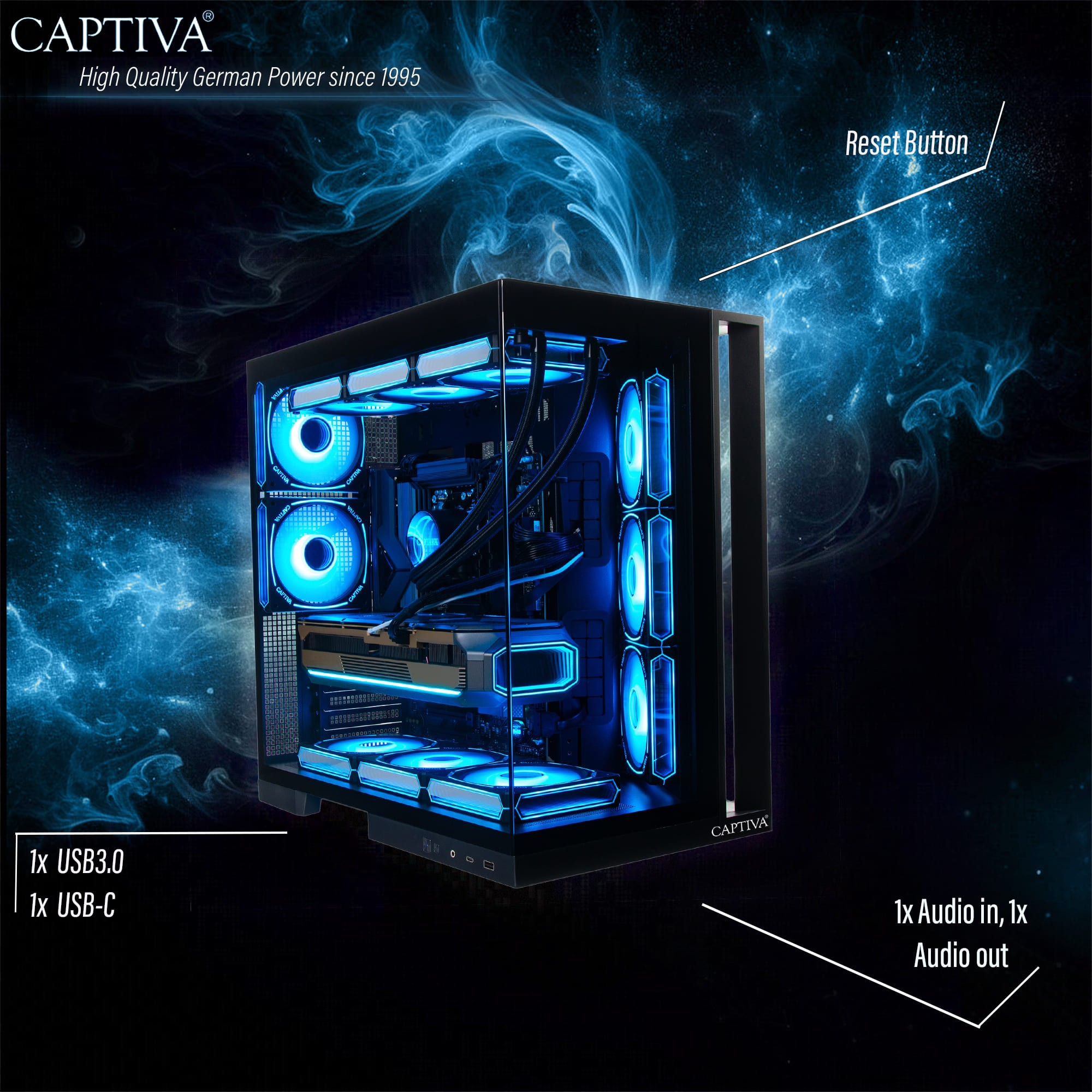 Una torre PC illuminata con ventole blu e illuminazione a LED.