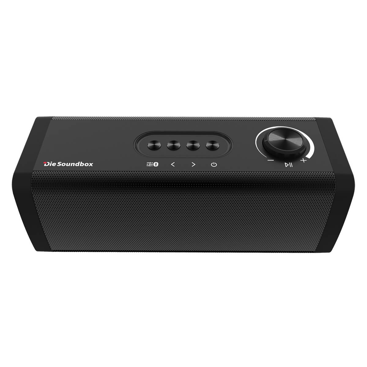 Une enceinte portable noire avec des commandes sur le dessus et une grille de haut-parleur devant.