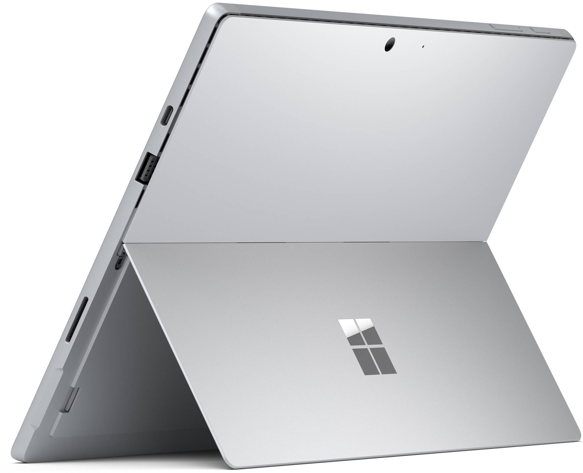 Ein silbernes Microsoft Surface Tablet, von hinten mit ausklappbarem Ständer.