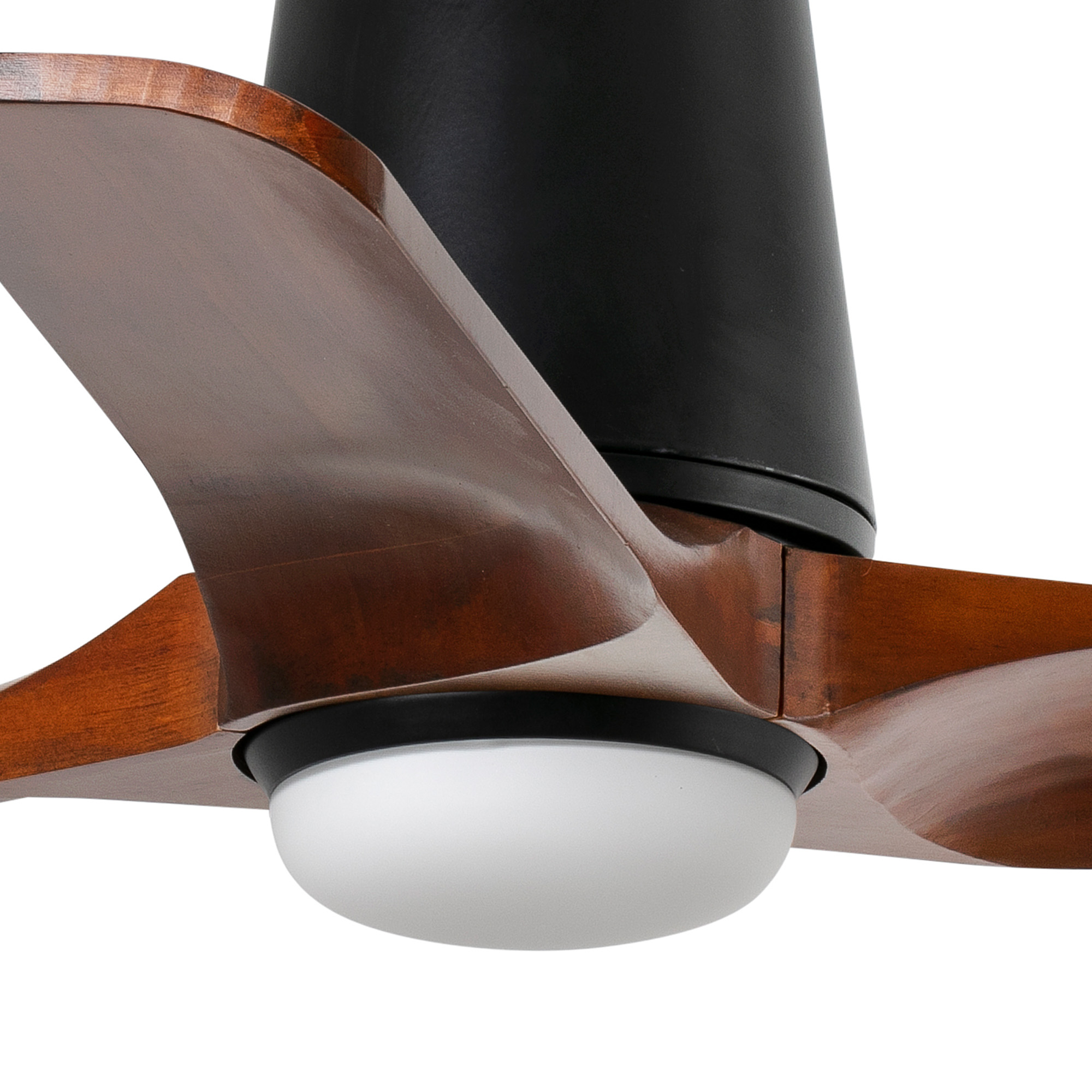 Nahaufnahme eines Deckenventilators mit dunkelbraunen Holzflügeln und einer schwarzen Mittelsäule, mit einer weißen Leuchte unten.