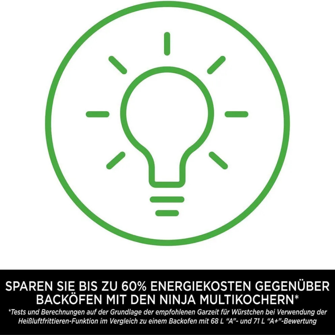 Grünes Glühbirnen-Symbol für Energieeinsparung. Text wirbt für Ersparnisse.