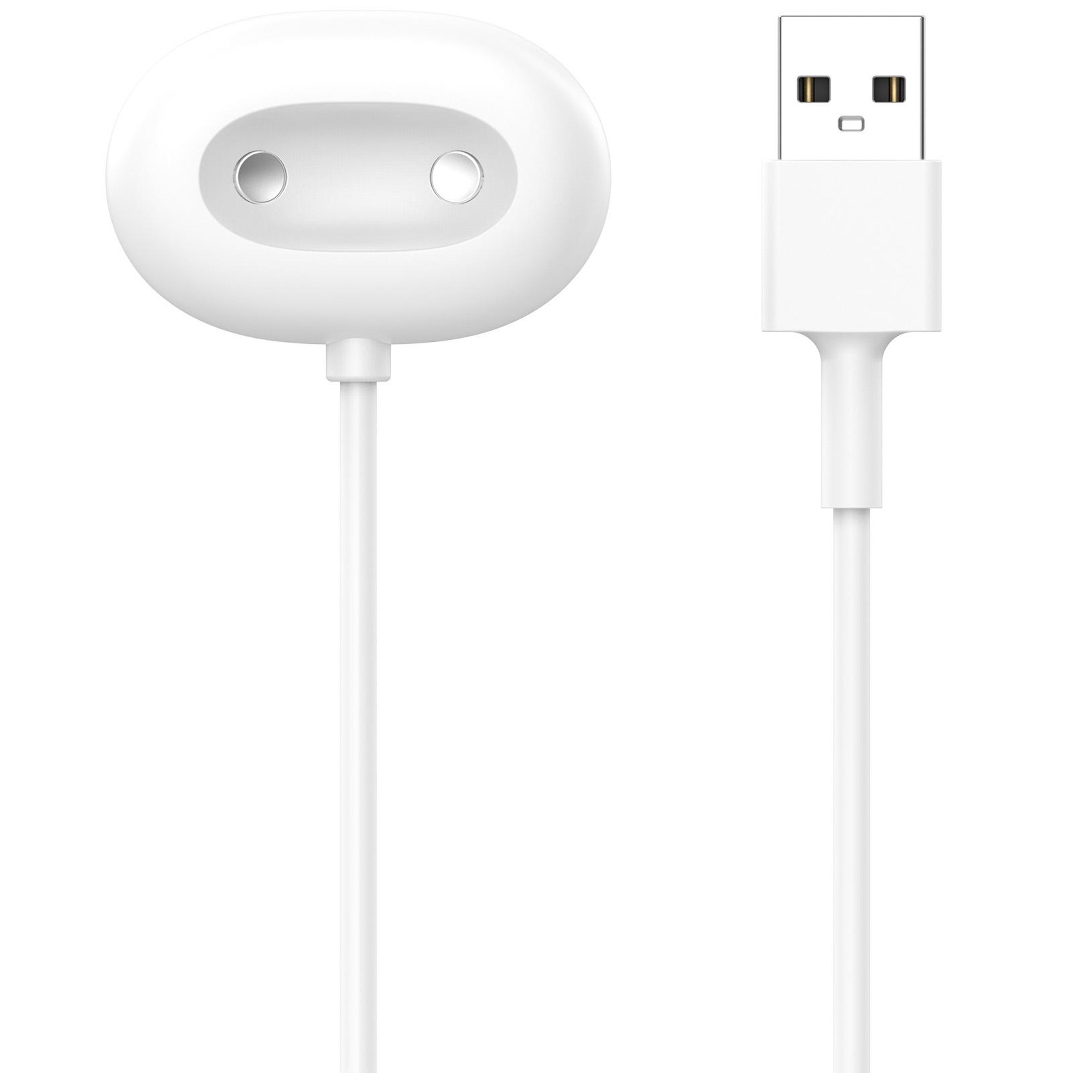 Ein weißes USB-Ladekabel mit einem ovalen magnetischen Anschluss.