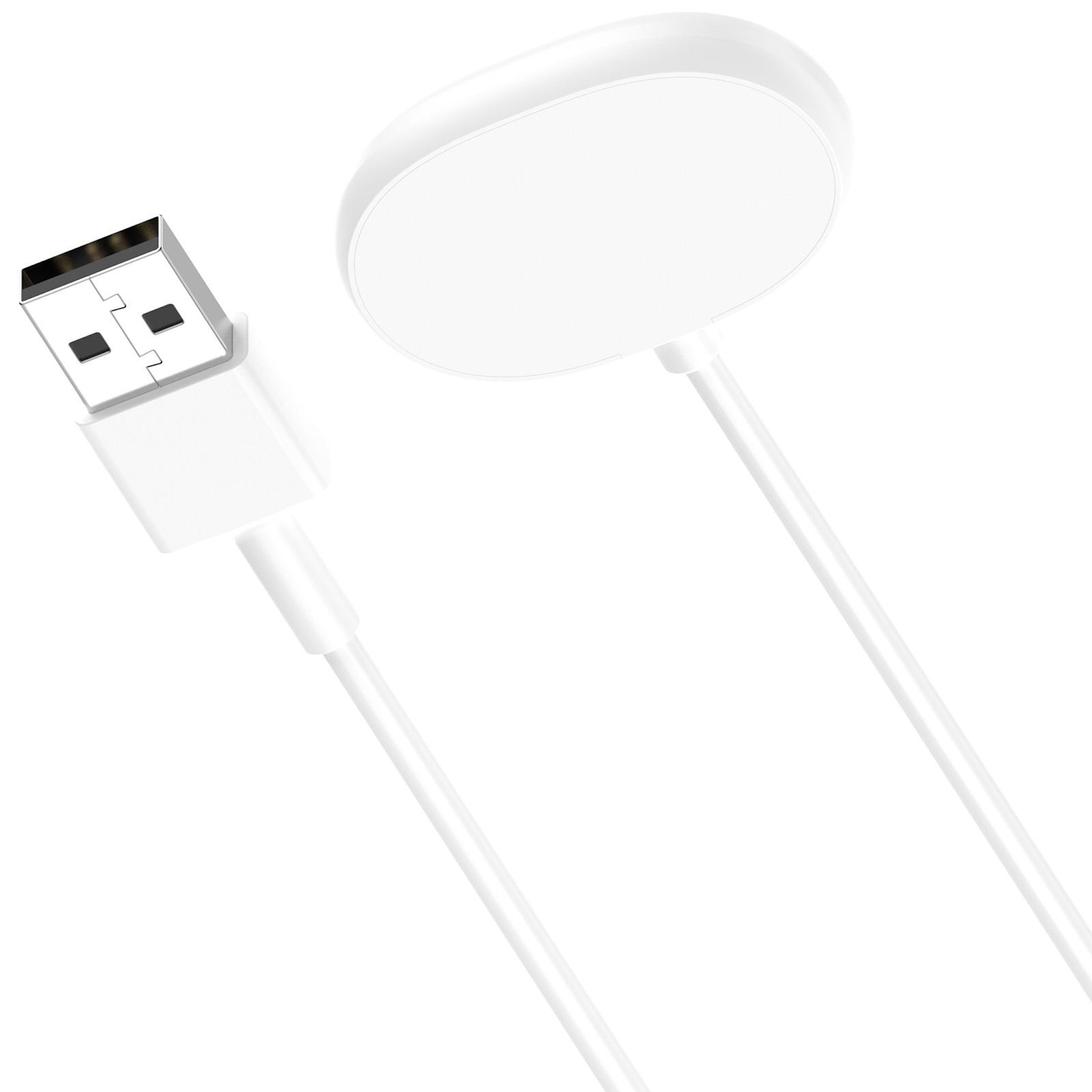 Ein weißes USB-Kabel mit einem runden Ladeadapter.