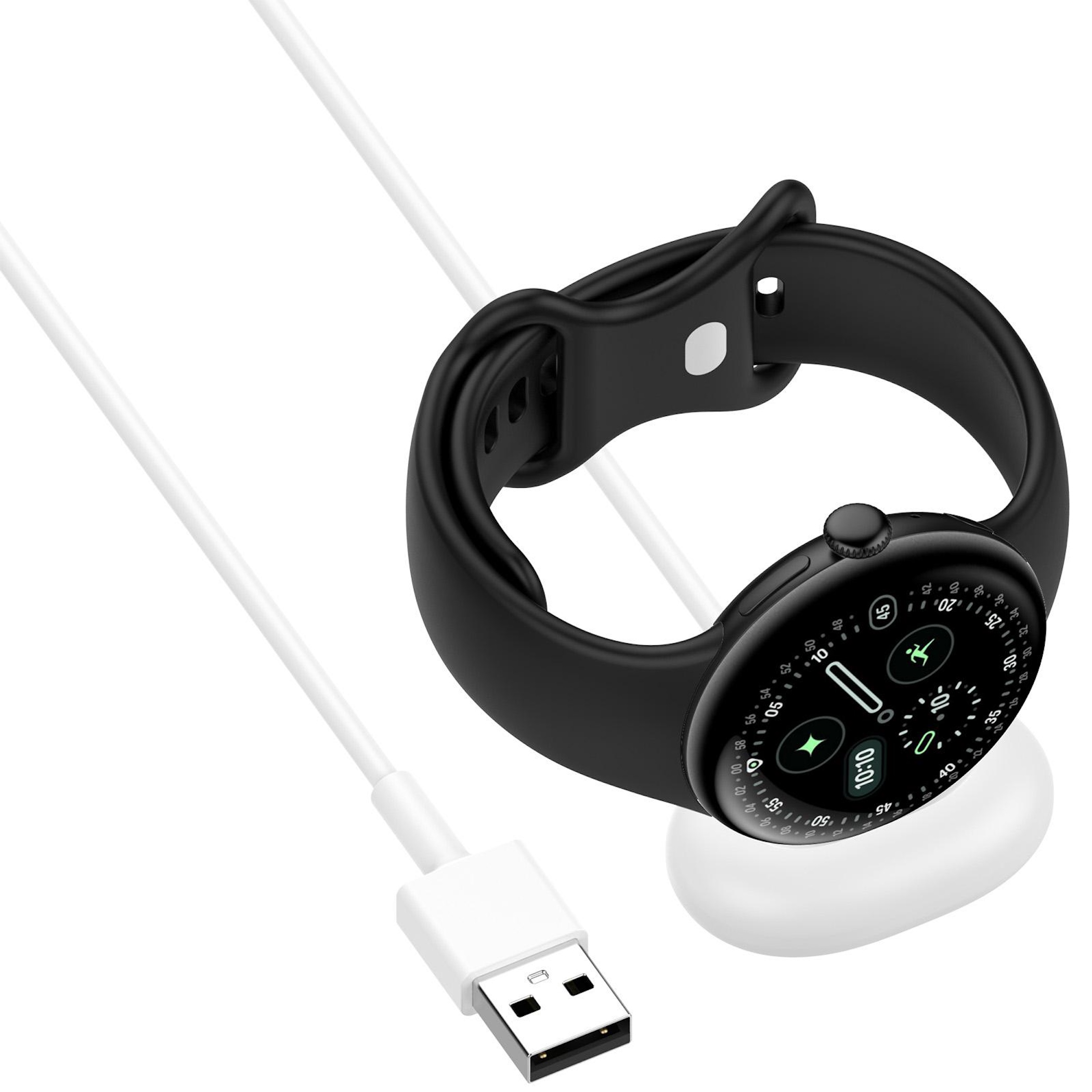 Schwarze Smartwatch mit Ladekabel und USB-Stecker auf weißem Hintergrund.