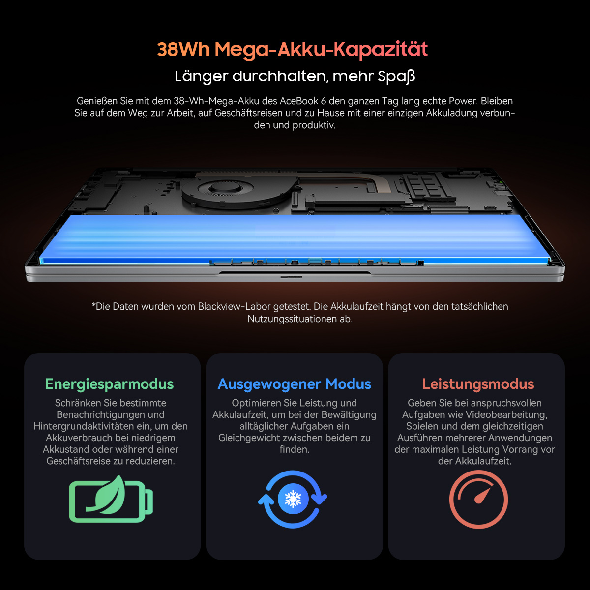 Laptop mit blau beleuchtetem Akku und drei Leistungsmodi: Energiespar-, Ausgewogener und Leistungsmodus.