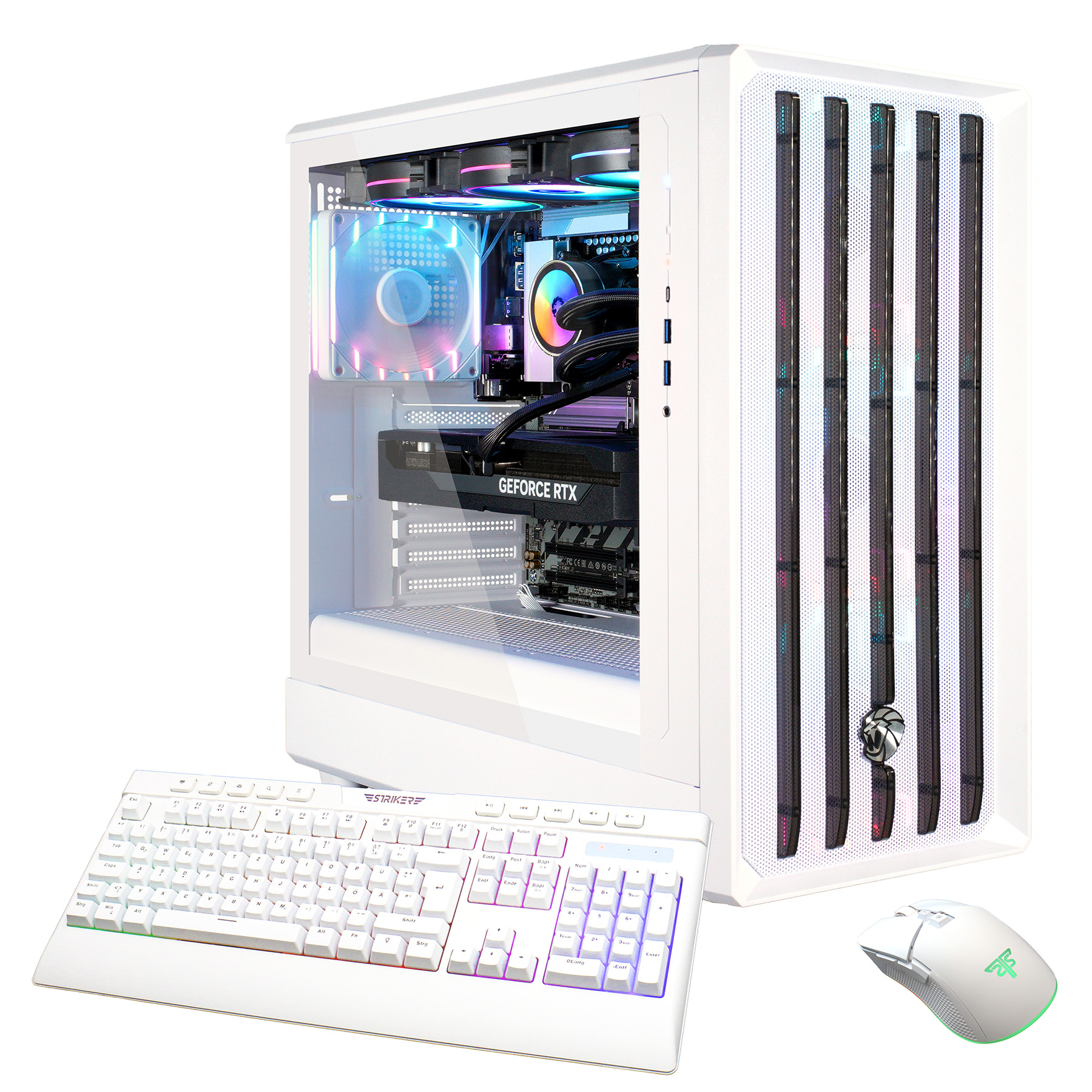 Ein weißer Gaming-PC mit RGB-Beleuchtung, Tastatur und Maus.