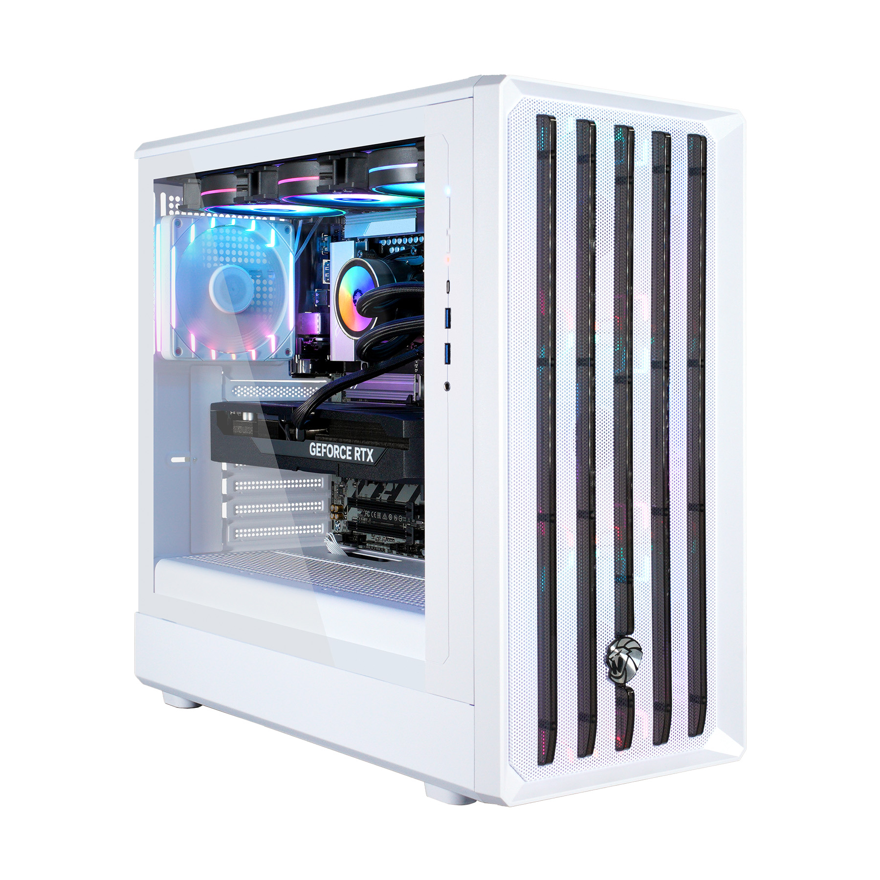 Weißer PC-Turm mit RGB-Lüftern, GPU und vertikalen Frontschlitzen.