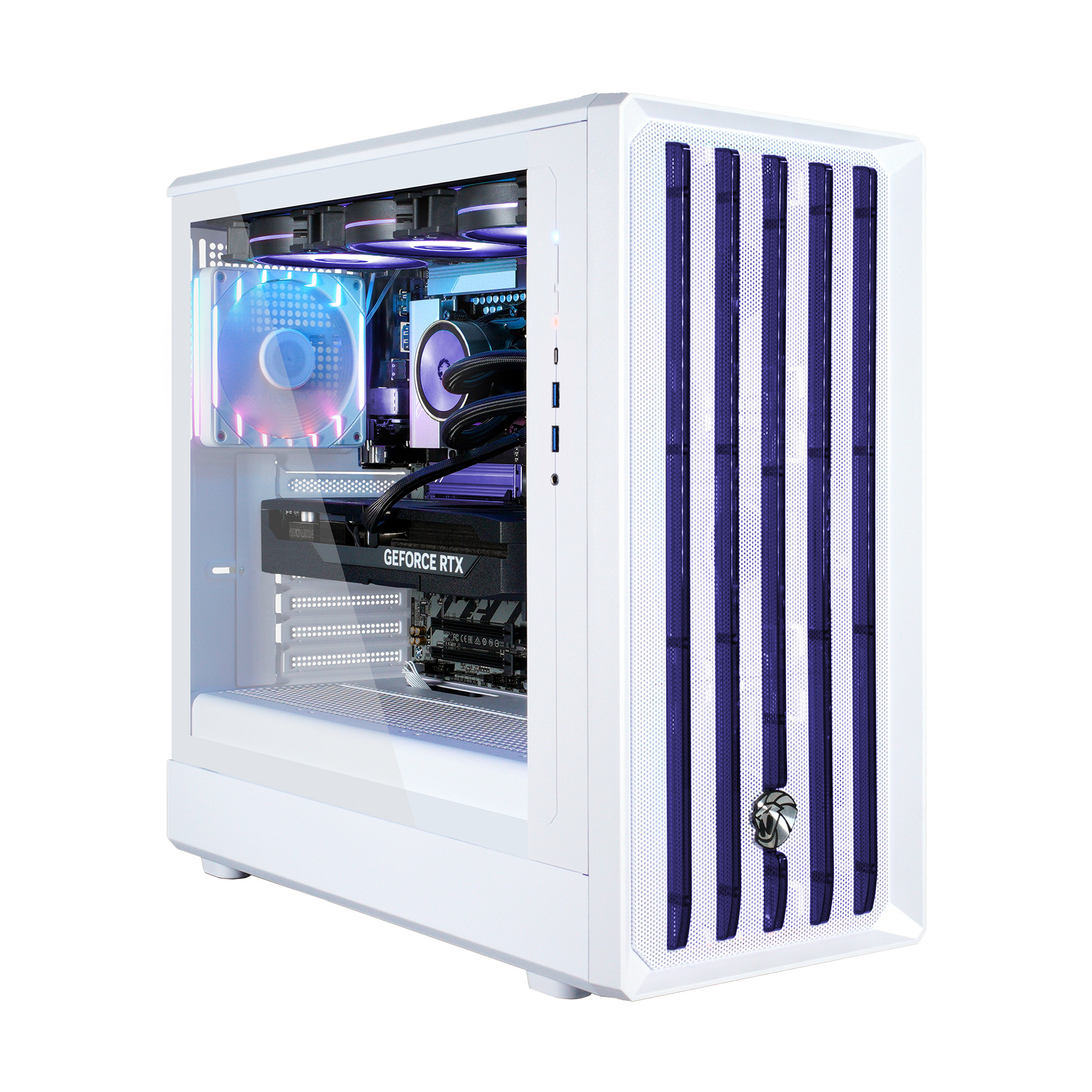 Weißer PC-Gehäuse mit offenem Seitenpanel und lila Lüftern.
