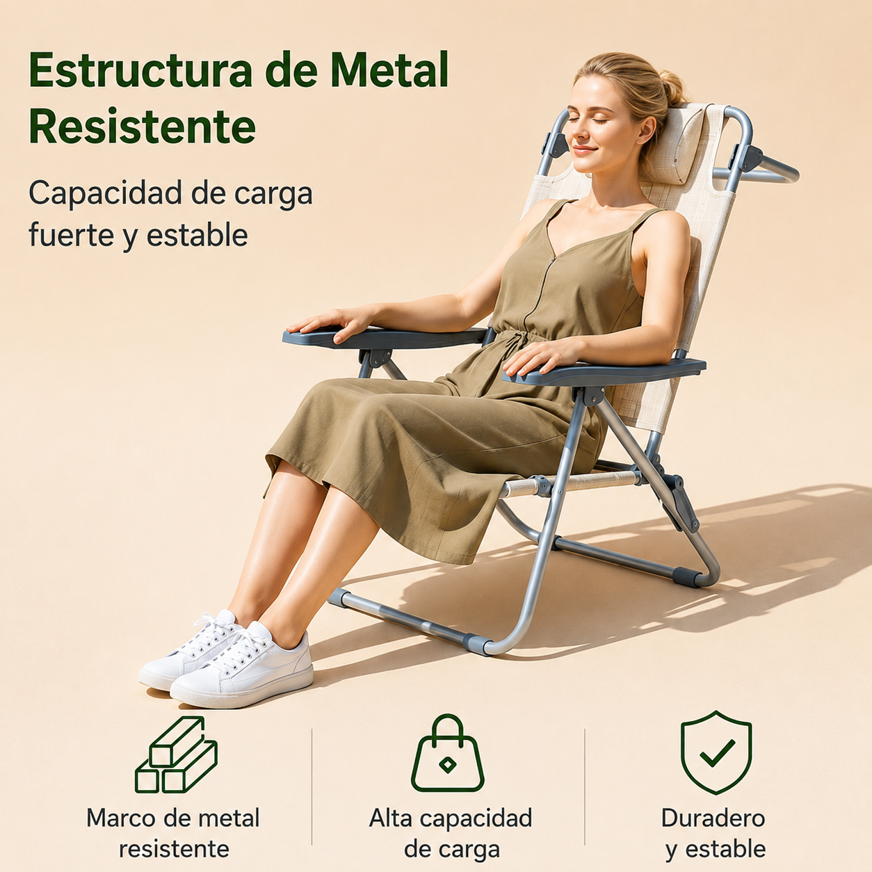 Una mujer se relaja en una silla metálica resistente con tapizado de tela beige.