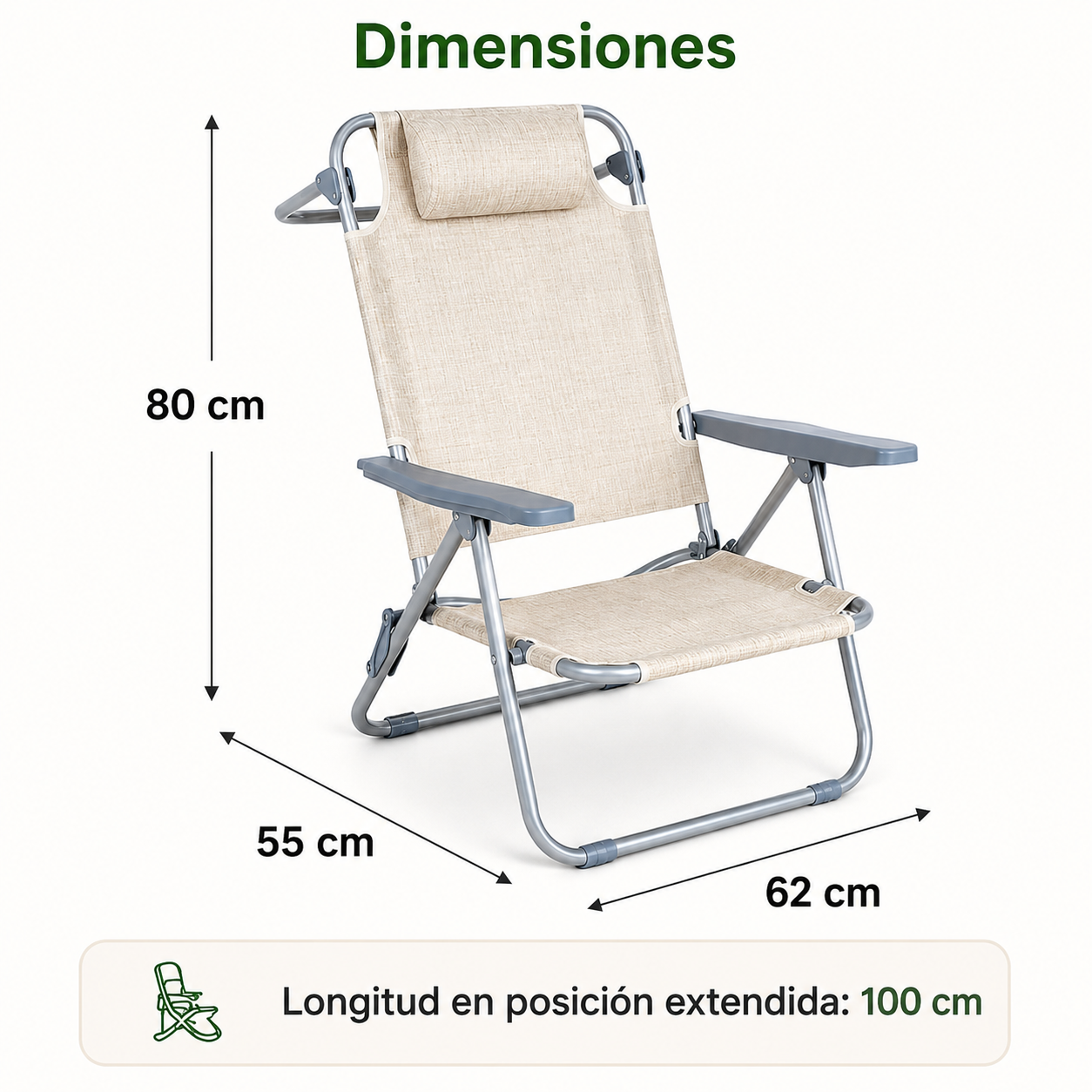 Silla plegable beige con marco metálico gris y reposabrazos. Dimensiones: 80x55x62cm.