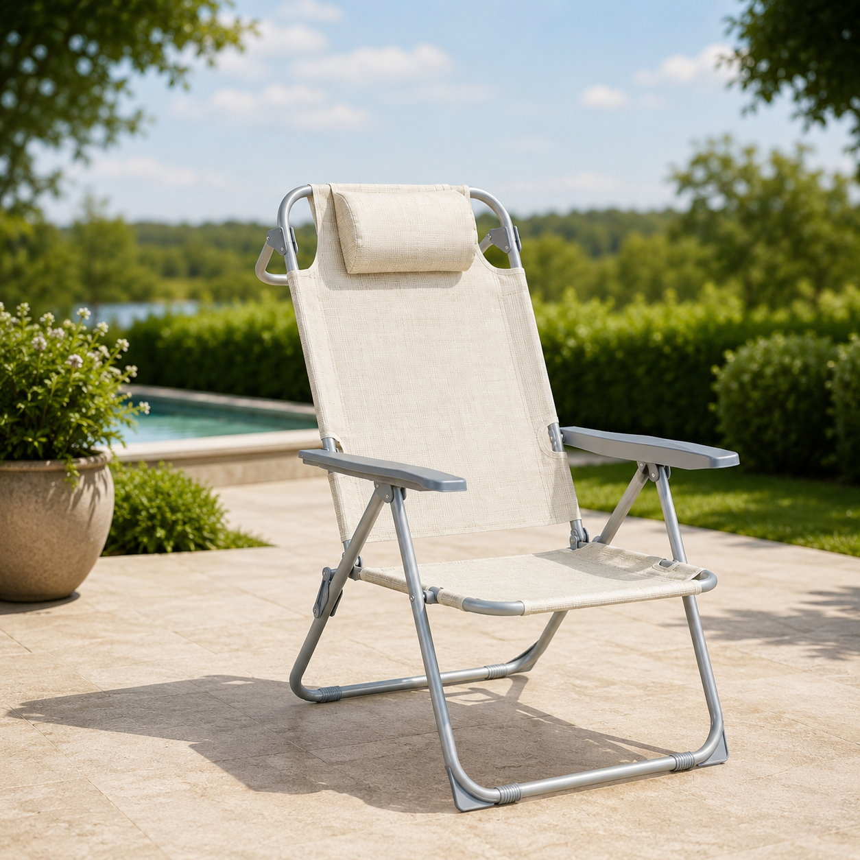 Una tumbona beige con marco plateado en un patio, con piscina y árboles al fondo.