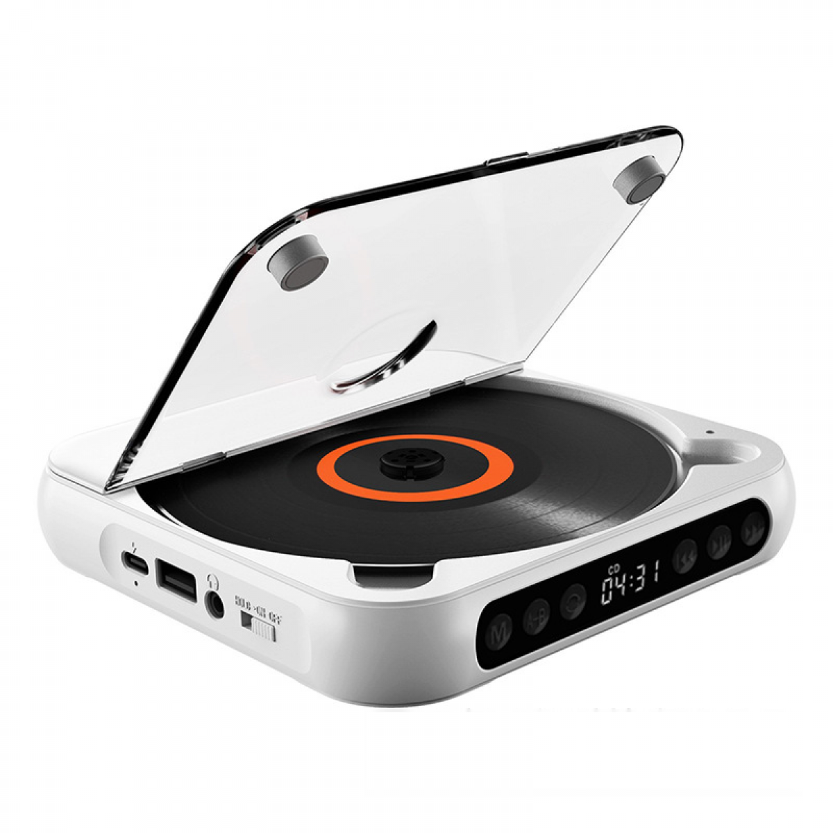 Ein weißer CD-Player mit geöffnetem Deckel und einer schwarzen CD mit orangem Ring.
