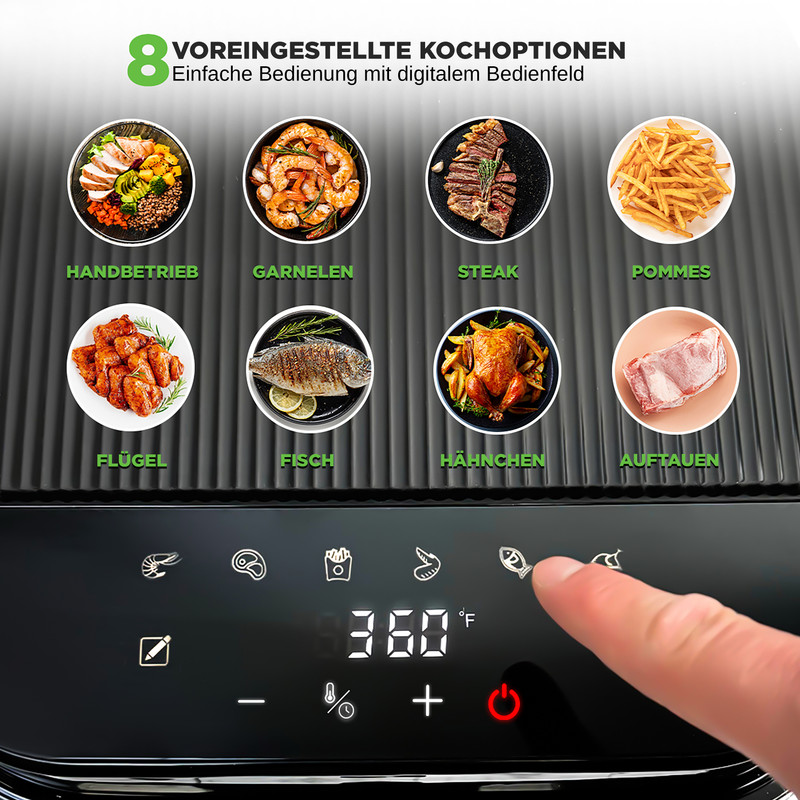 8 Kochoptionen: Handbetrieb, Garnelen, Steak, Pommes, Flügel, Fisch, Hähnchen, Auftauen.