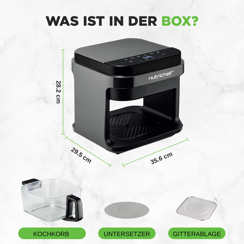 Ein schwarzer NutriChef Airfryer mit Zubehör: Kochkorb, Untersetzer und Gitterablage.