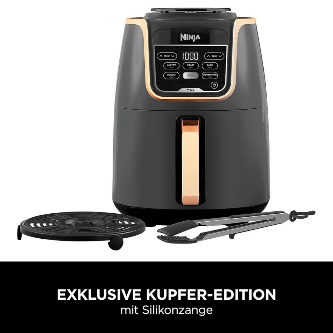 Ninja Heißluftfritteuse in Kupfer-Edition mit Zange und Rost.