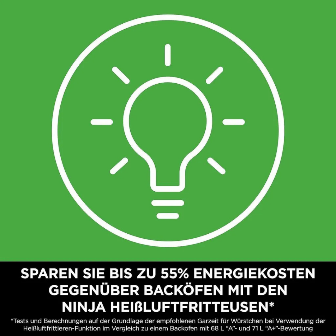 Weiße Glühbirne auf grünem Kreis, spart bis zu 55% Energiekosten.