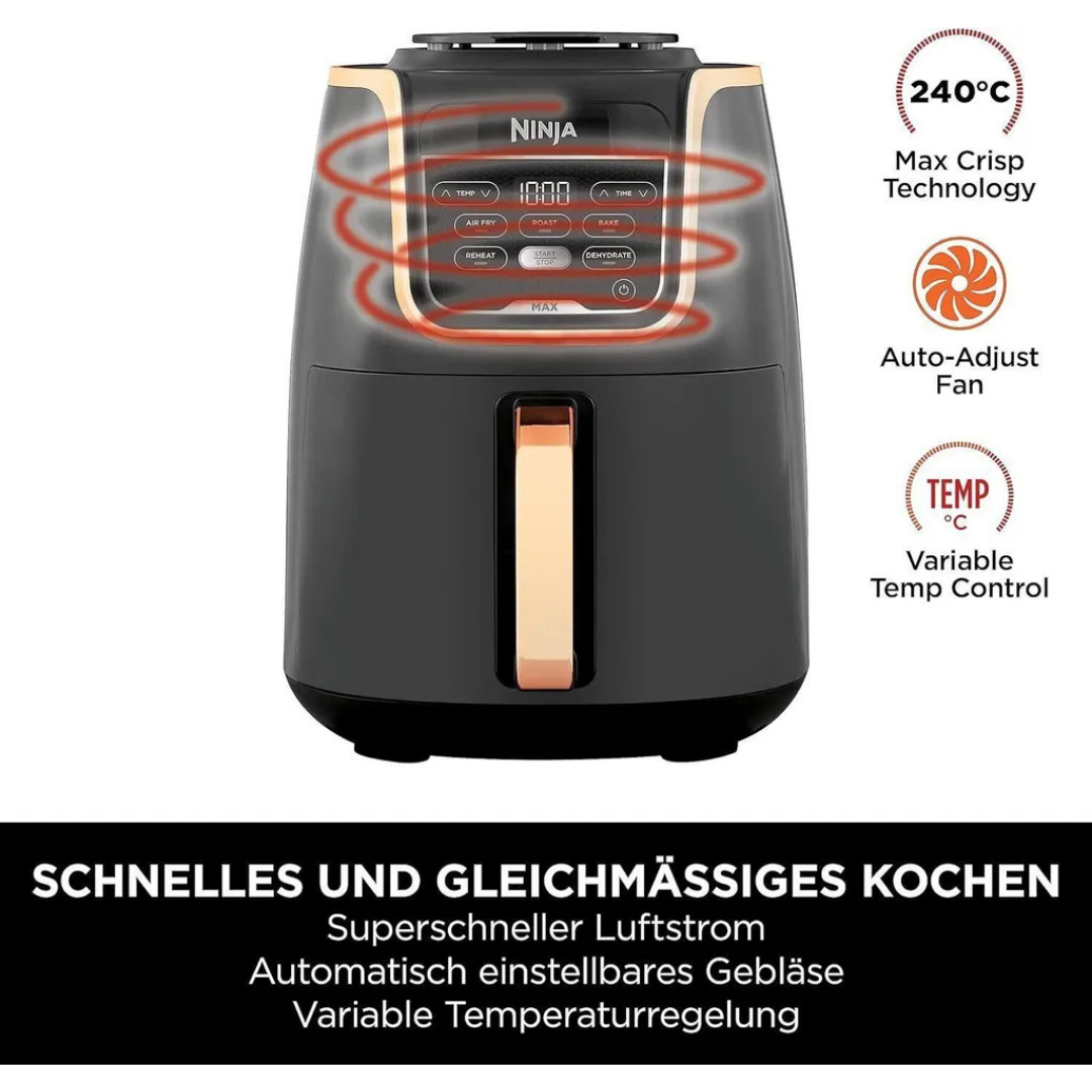 Ein Ninja Heißluftfritteuse mit Bedienfeld und Textanzeige. Mit roten Wirbeln.