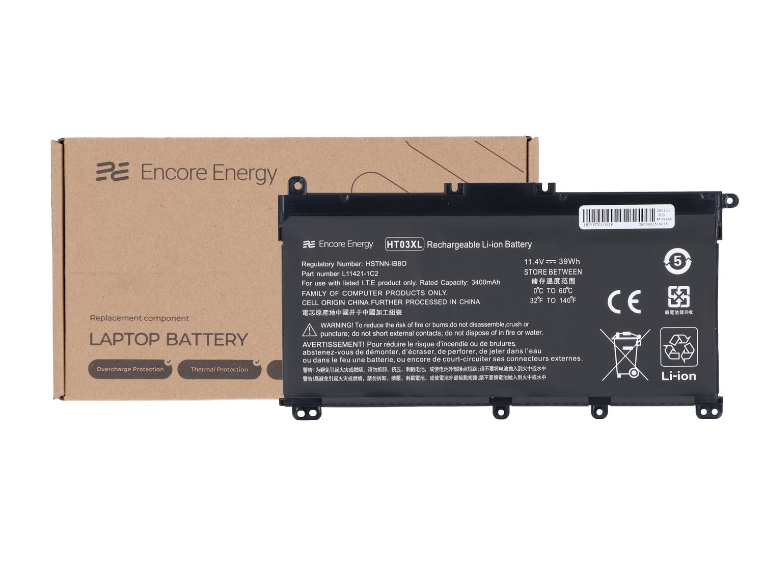 Czarna bateria do laptopa Encore Energy z ostrzeżeniami i specyfikacjami.
