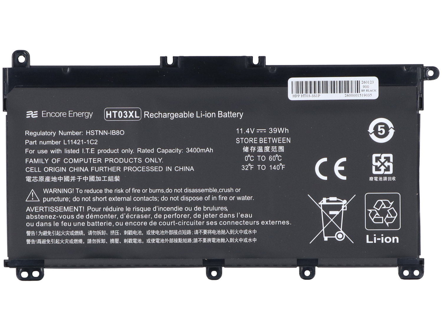 Czarna bateria litowo-jonowa Encore Energy HT03XL, 11.4V, 39Wh.