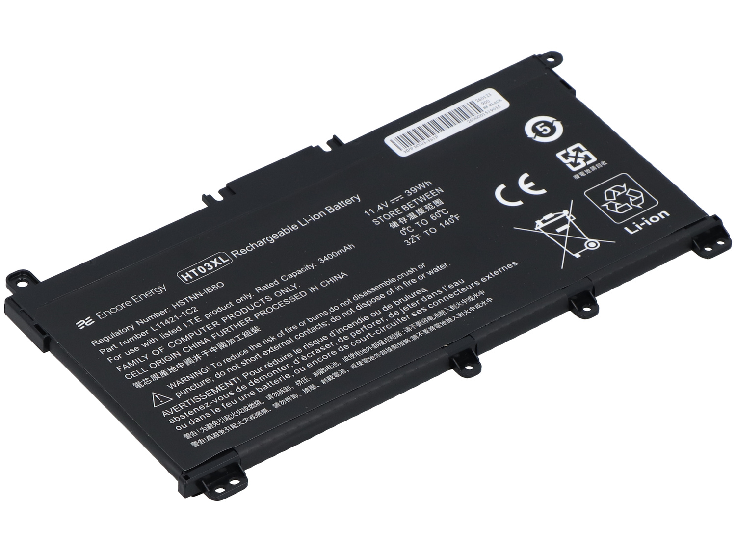 Czarna bateria do laptopa z tekstem, model HT03XL, 11,4V, 39Wh.