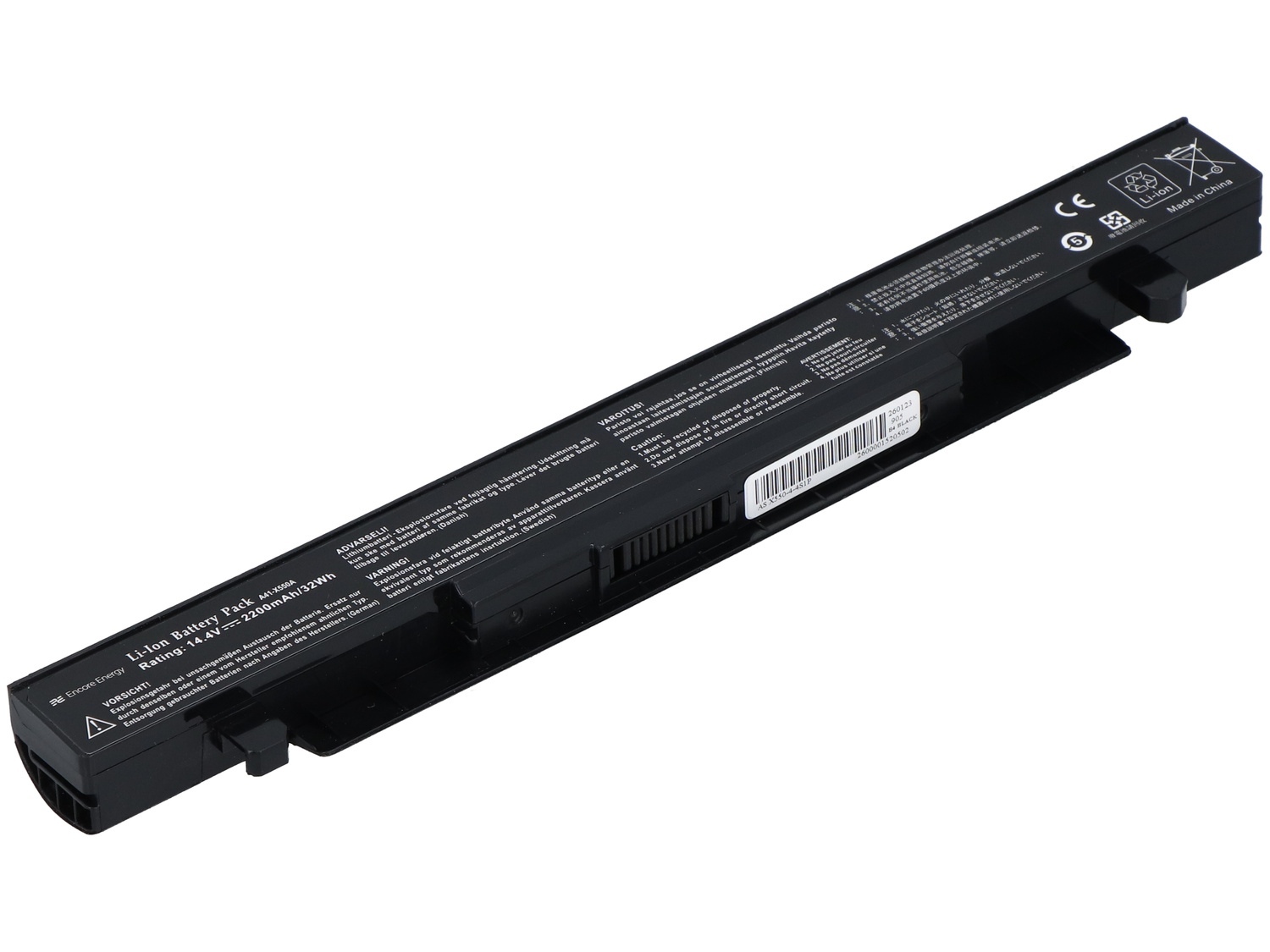 Czarna bateria Li-Ion A41-X550A, 14.4V, 2200mAh, z ostrzeżeniami.
