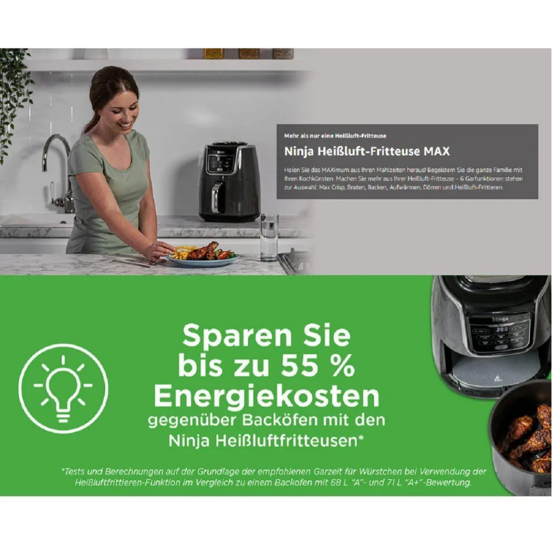 Frau in Küche mit Ninja Heißluftfritteuse und Essen, spart bis zu 55% Energiekosten.
