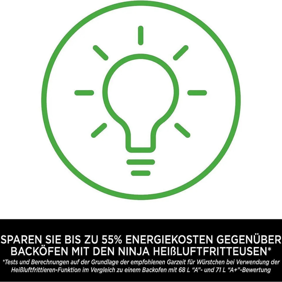 Grünes Glühbirnen-Symbol mit Text über Energieeinsparungen.