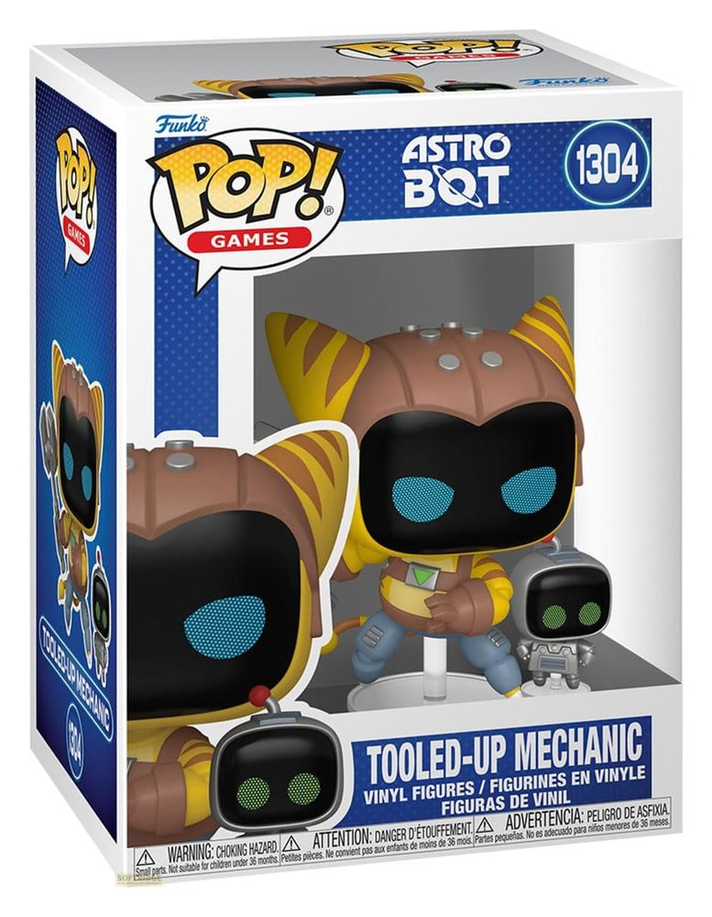 Funko Pop! Figur "Astro Bot" im Karton, mit Charakteren Ratchet und Clank.