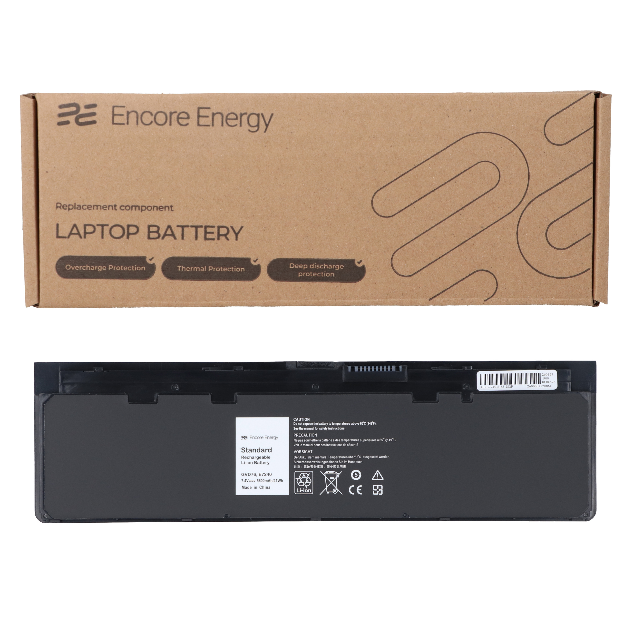 Brązowe pudełko na baterię do laptopa z napisem "Encore Energy" i "LAPTOP BATTERY".
