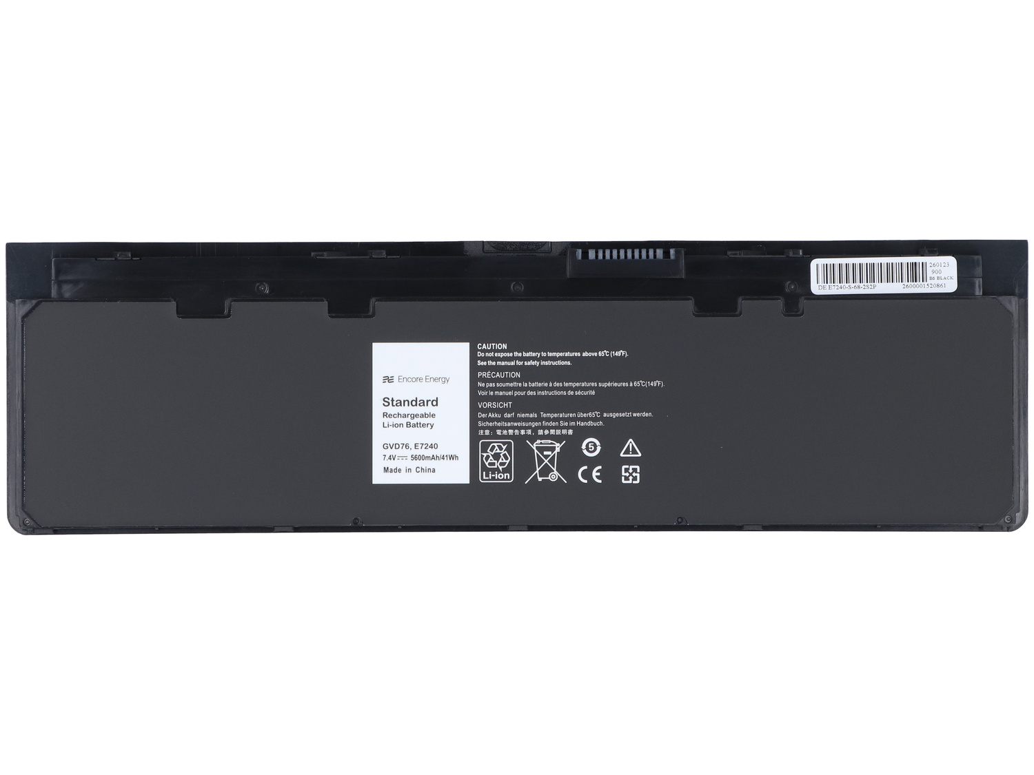 Czarna bateria do laptopa Encore Energy, model GVD76, 7,4V, 5600mAh, z etykietami ostrzegawczymi.