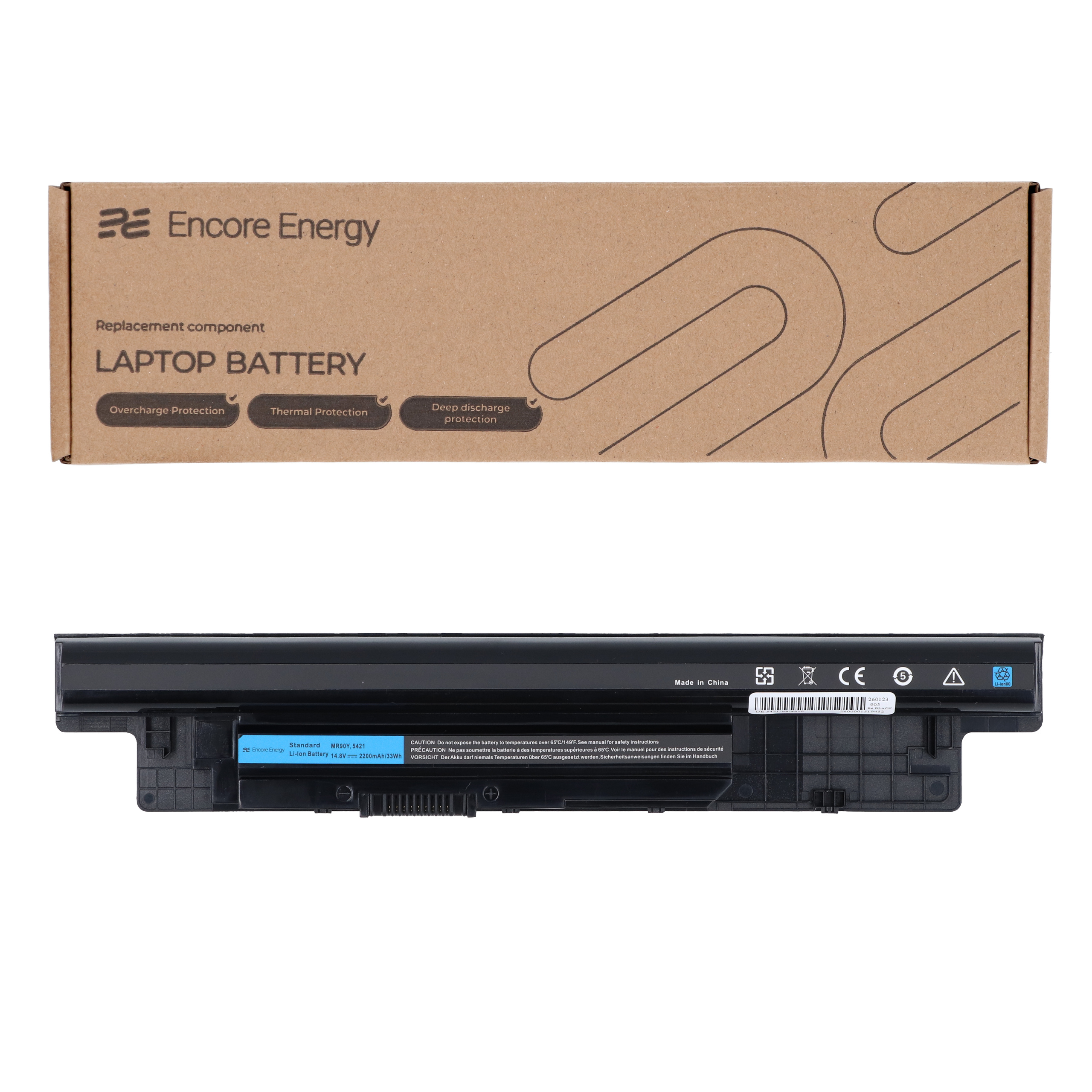 Bateria do laptopa Encore Energy na pudełku. Ochrona przed przeładowaniem, termiczna, głębokim rozładowaniem.