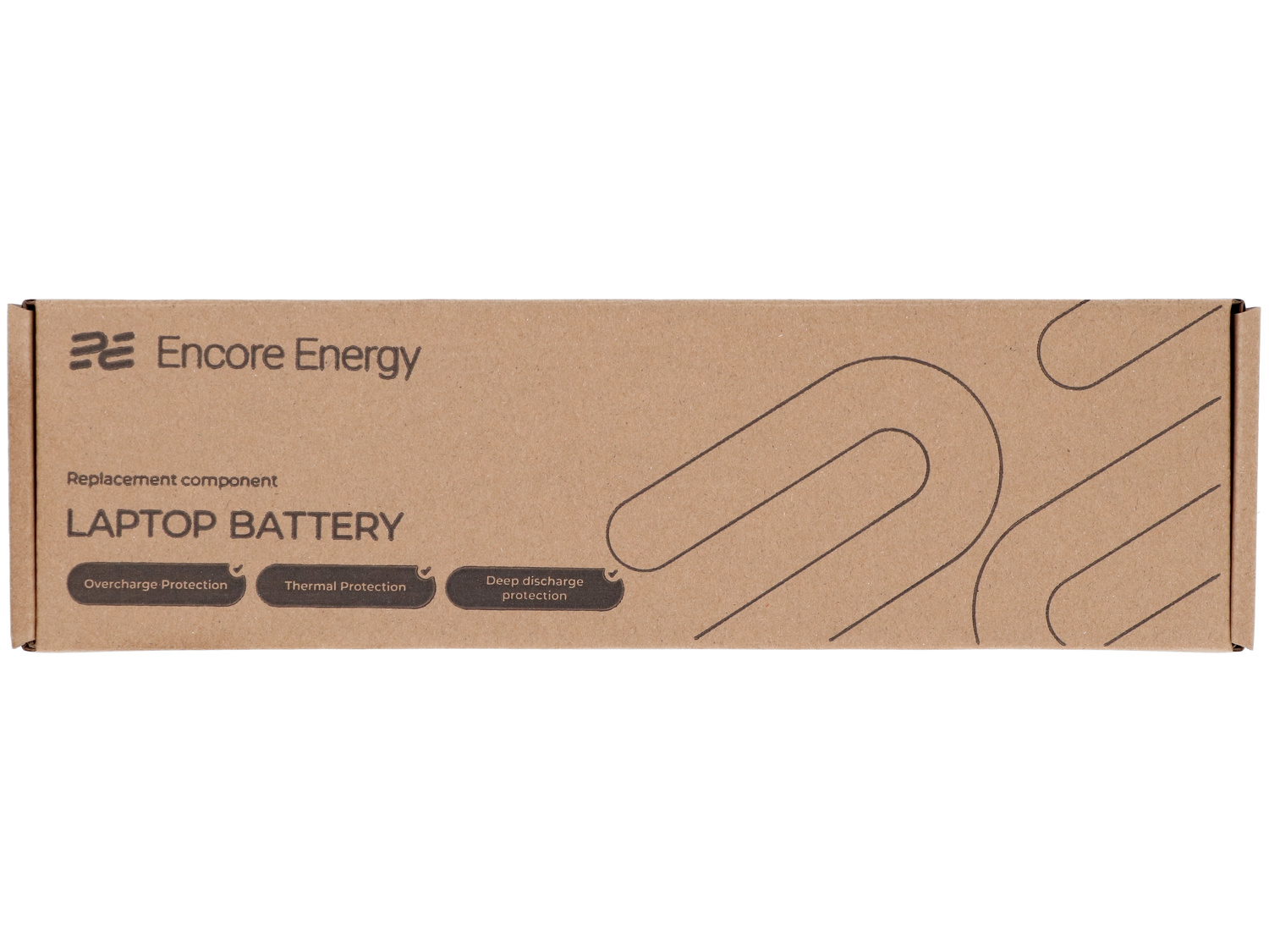 Pudełko kartonowe z logo 'Encore Energy' i napisem 'LAPTOP BATTERY'. Ikony ochrony.
