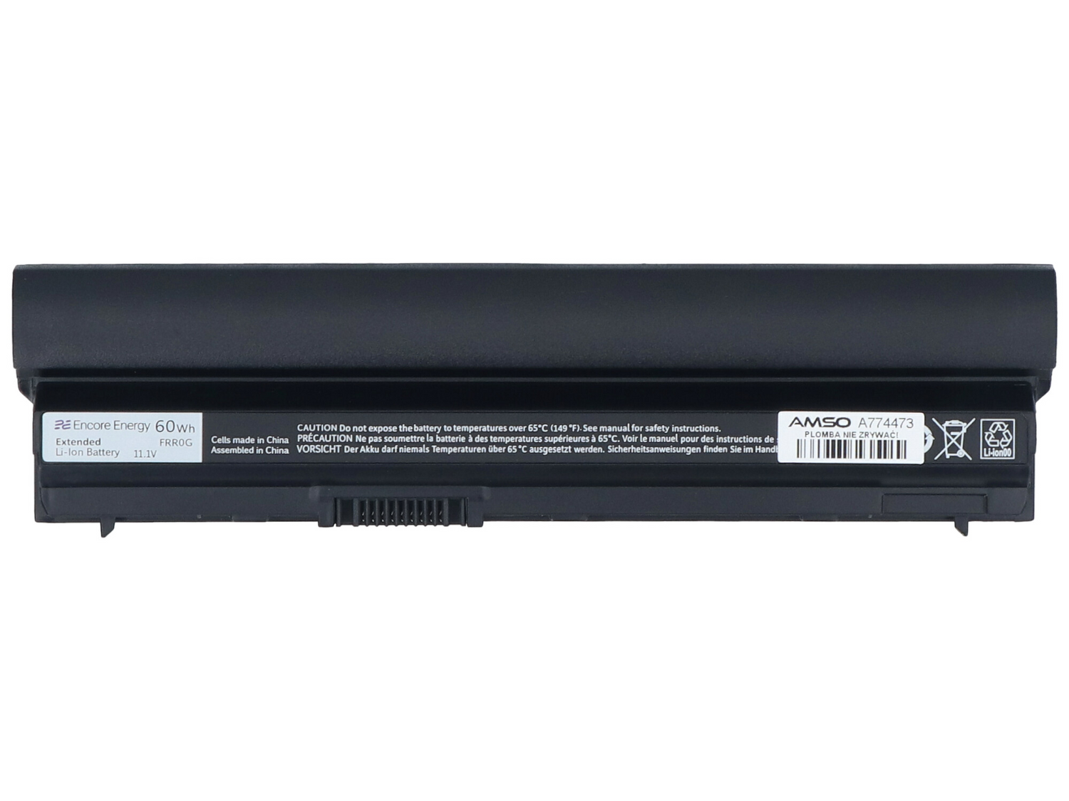 Czarna bateria do laptopa z etykietami: Encore Energy 60Wh, 11.1V, AMSO A774473.