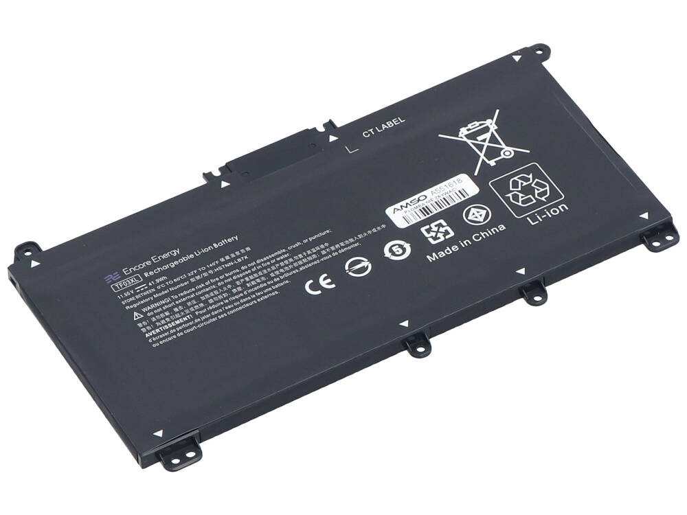 Czarna bateria litowo-jonowa z napisami i symbolami, Made in China.