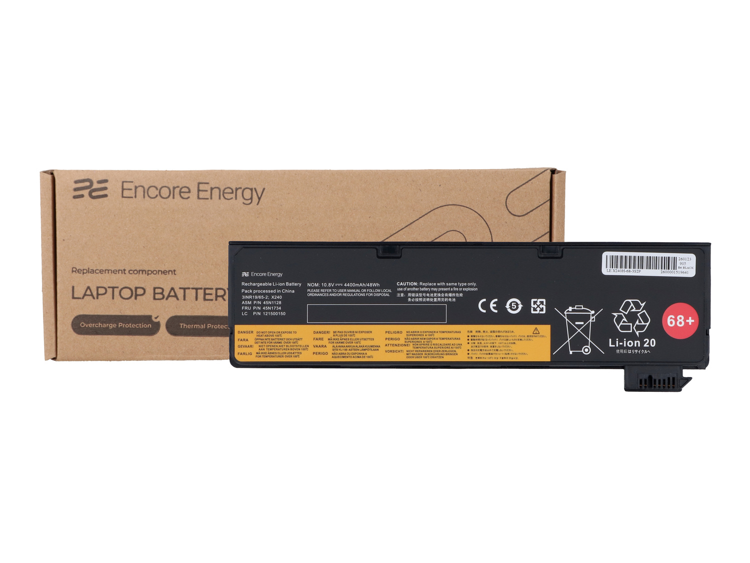 Bateria do laptopa Encore Energy obok otwartego pudełka. Bateria jest czarna z etykietami.