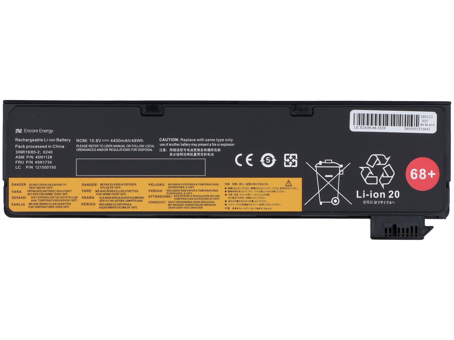 Czarna bateria litowo-jonowa Encore Energy, 10.8V, 4400mAh, z etykietami ostrzegawczymi.