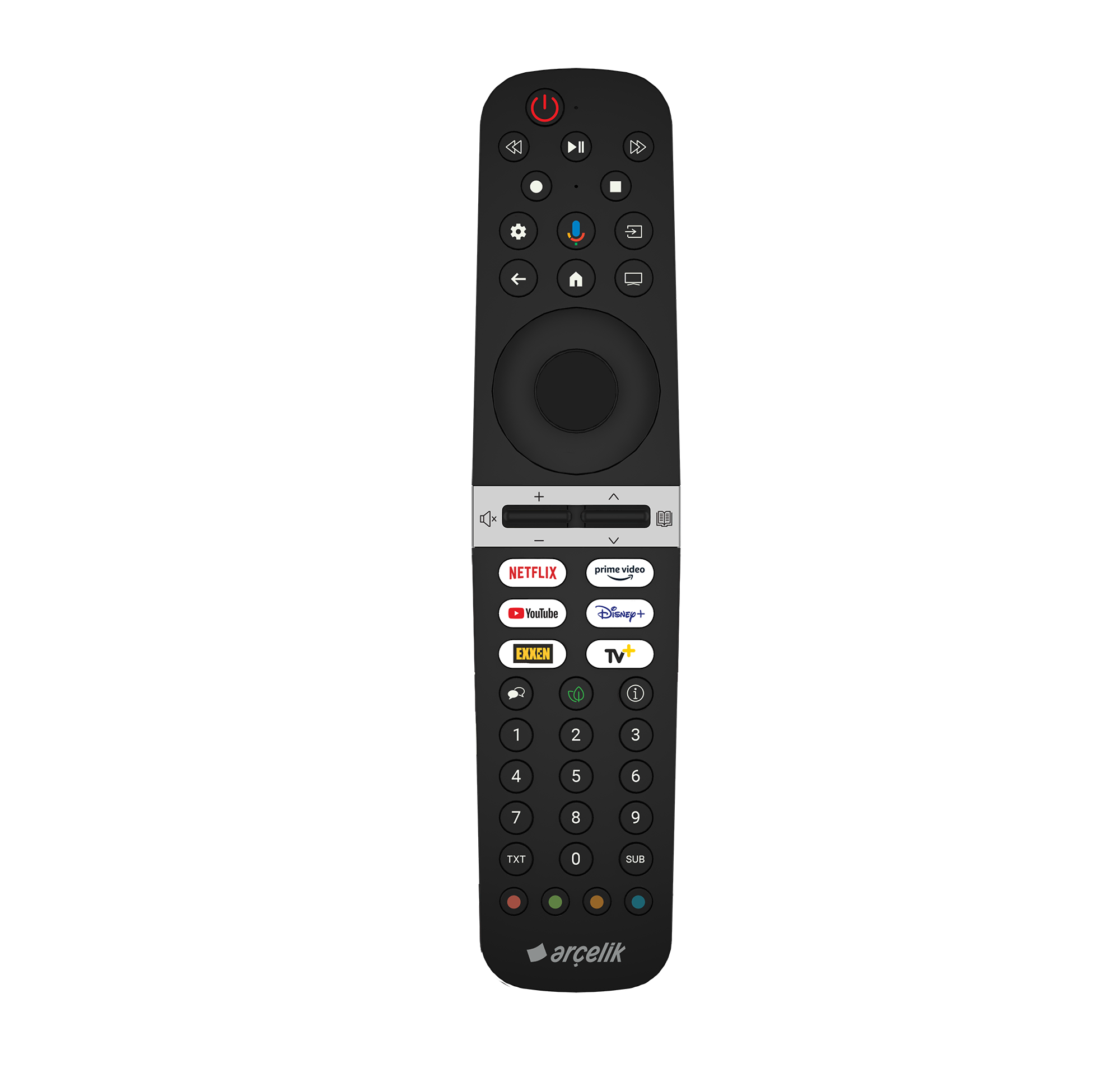 Netflix, YouTube, Disney+, Prime Video ve daha fazlası için düğmeleri olan siyah kumanda.