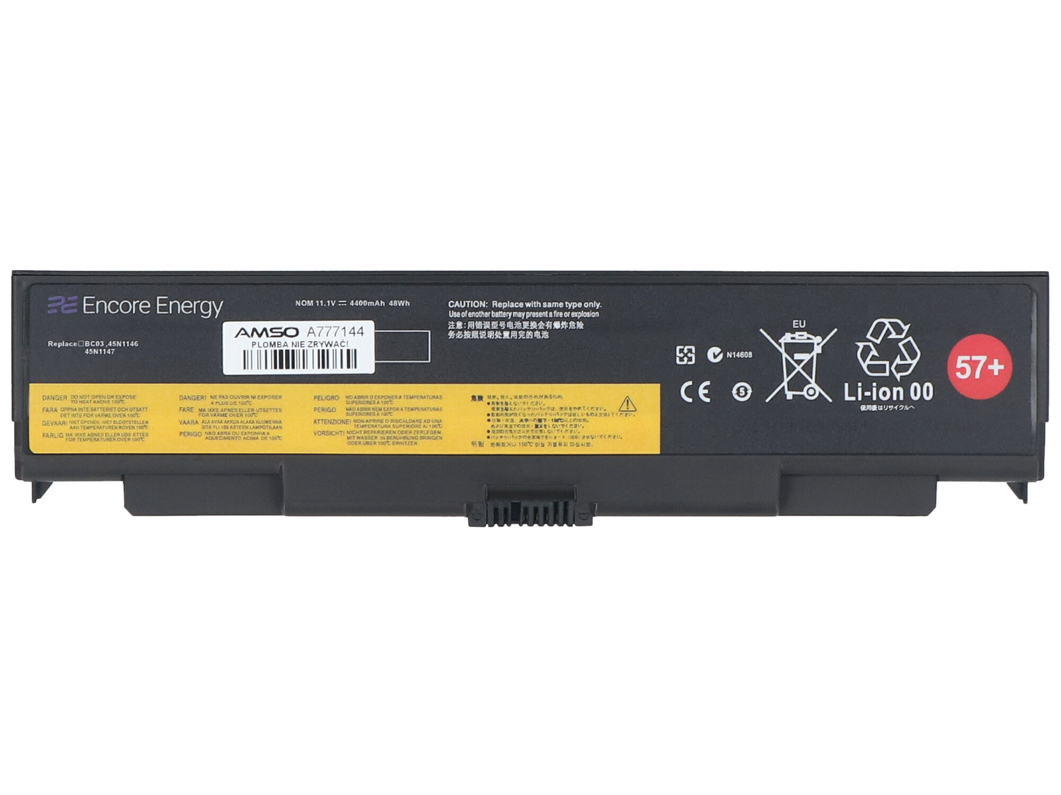 Czarna bateria do laptopa z marką Encore Energy i Li-ion 00, oraz symbolem 57+.