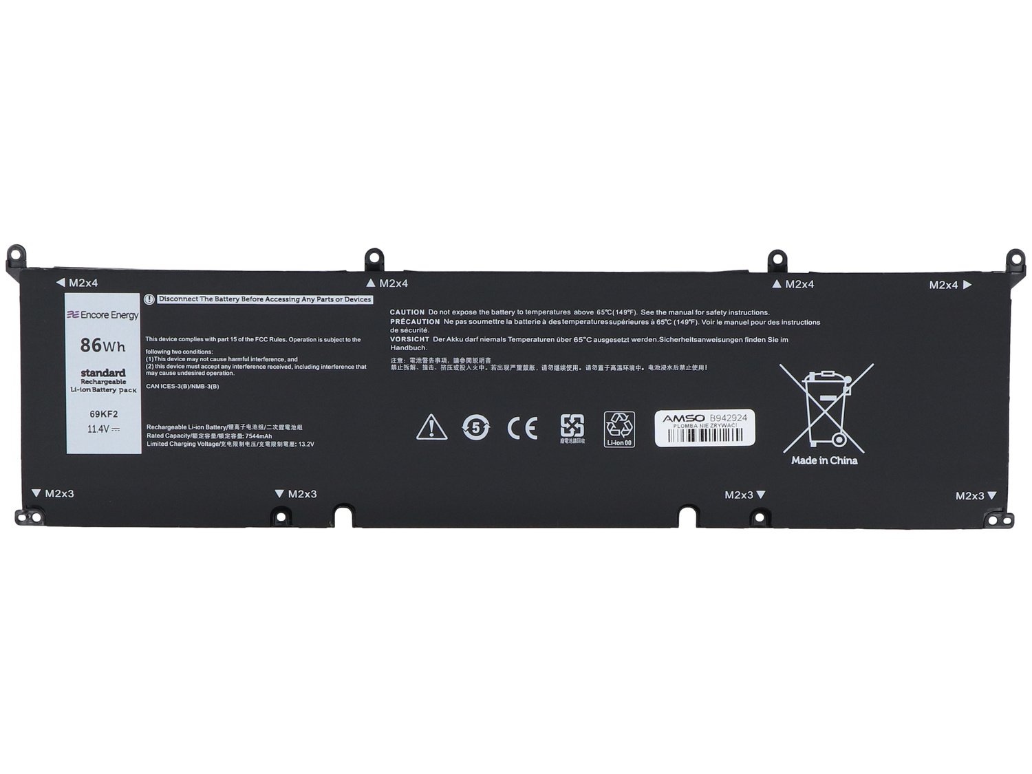Czarna bateria litowo-jonowa, 86Wh, 11,4V, firmy Encore Energy, Made in China.