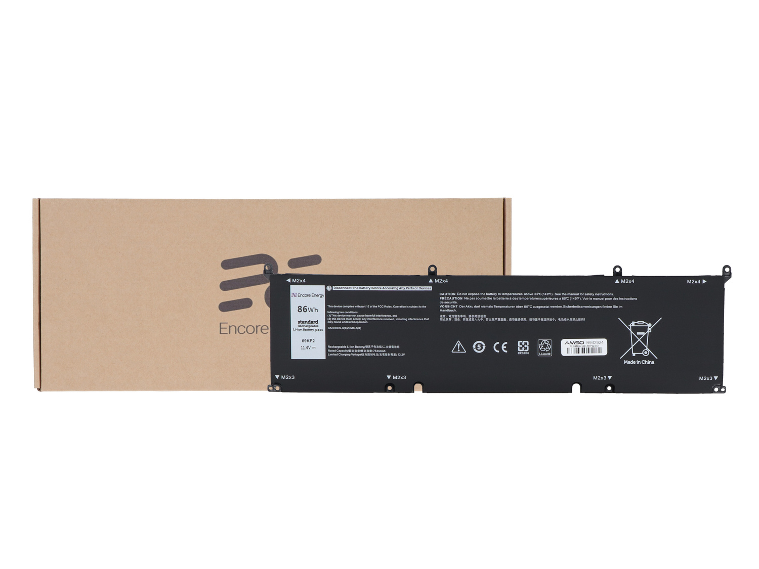 Bateria do laptopa 86 Wh, złącza M2x4 i M2x3, logo "Encore Energy", "Made in China".