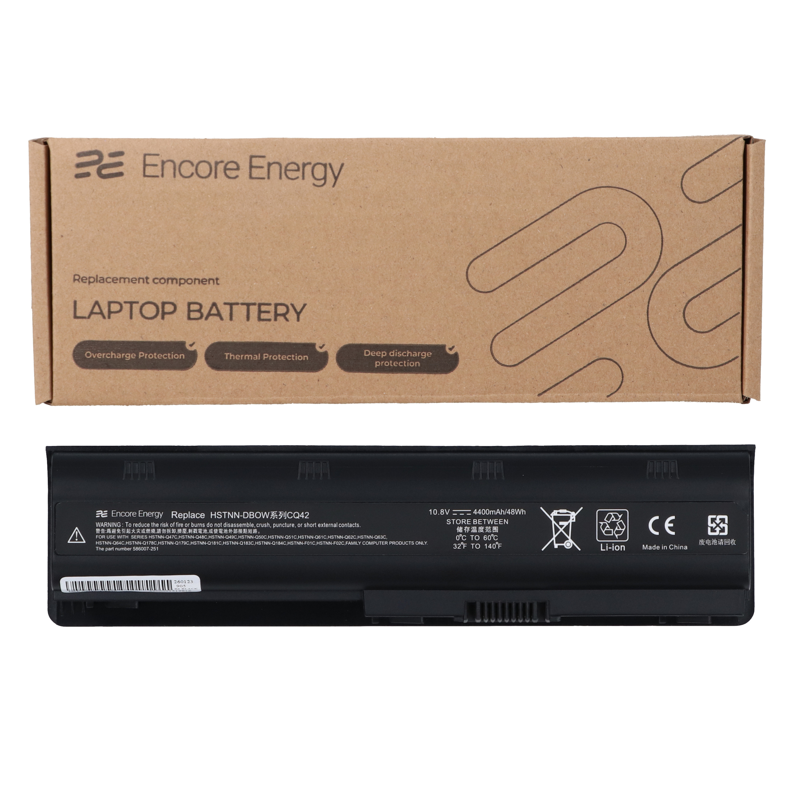 Bateria do laptopa Encore Energy z zabezpieczeniami. Powyżej widoczne opakowanie.