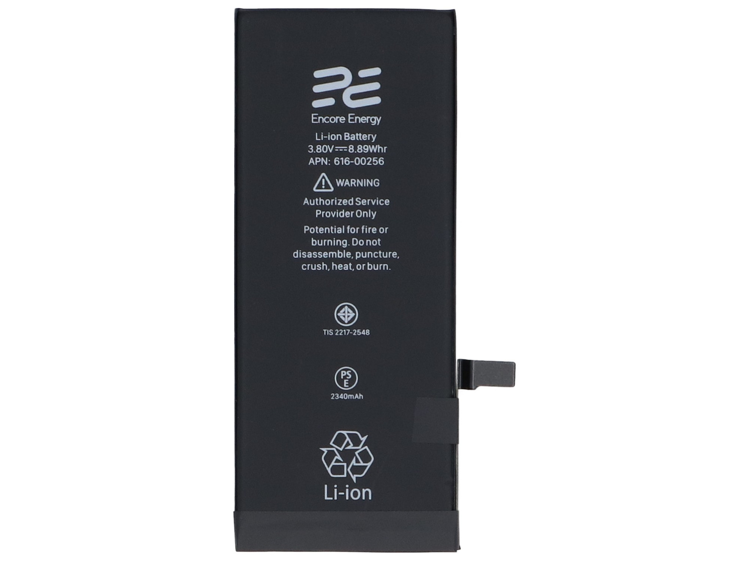 Czarna bateria litowo-jonowa Encore Energy 2340mAh z tekstem ostrzegawczym.