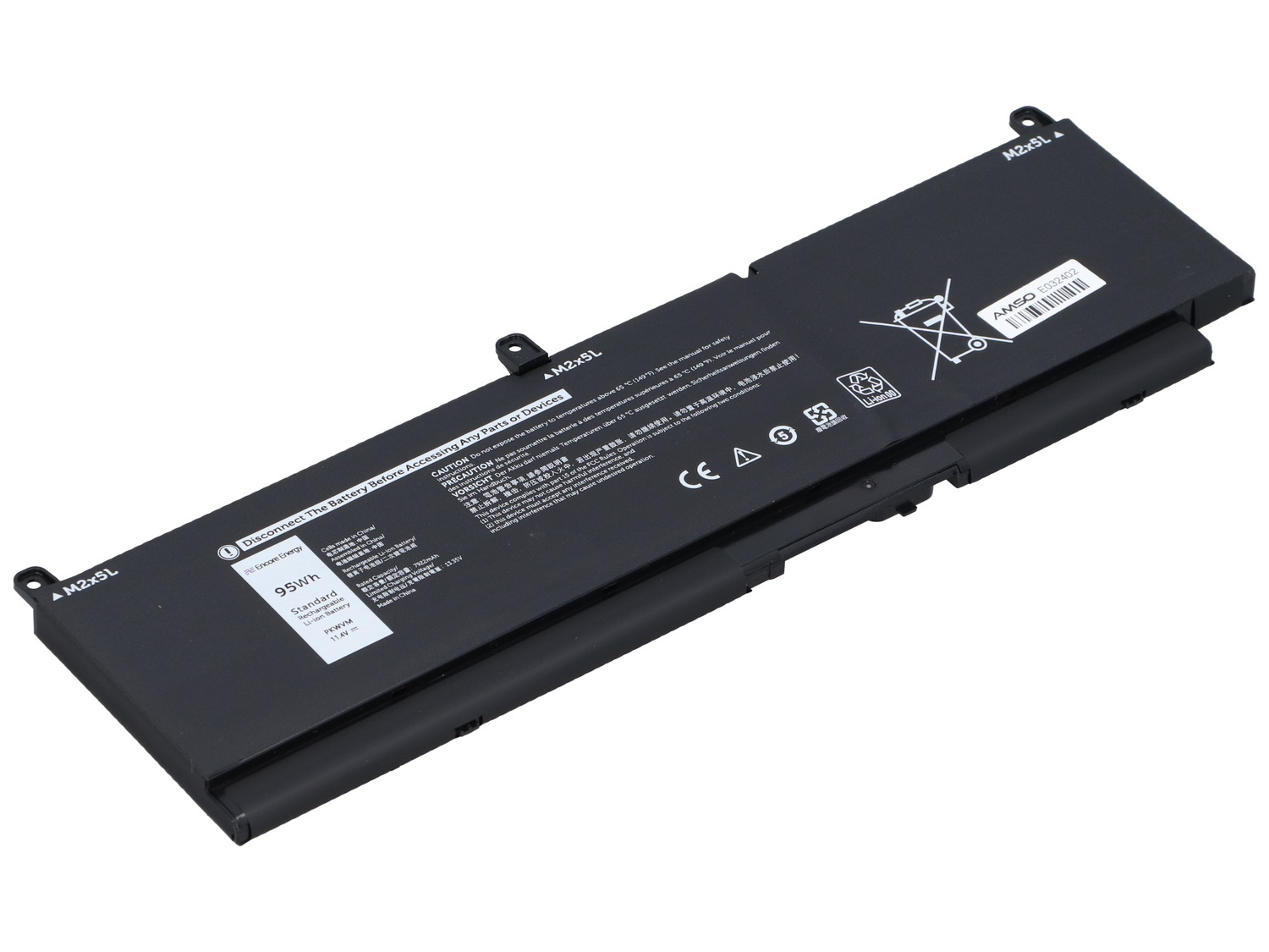 Czarna bateria do laptopa 95Wh, M2x5L, z etykietami ostrzegawczymi i znakiem CE.