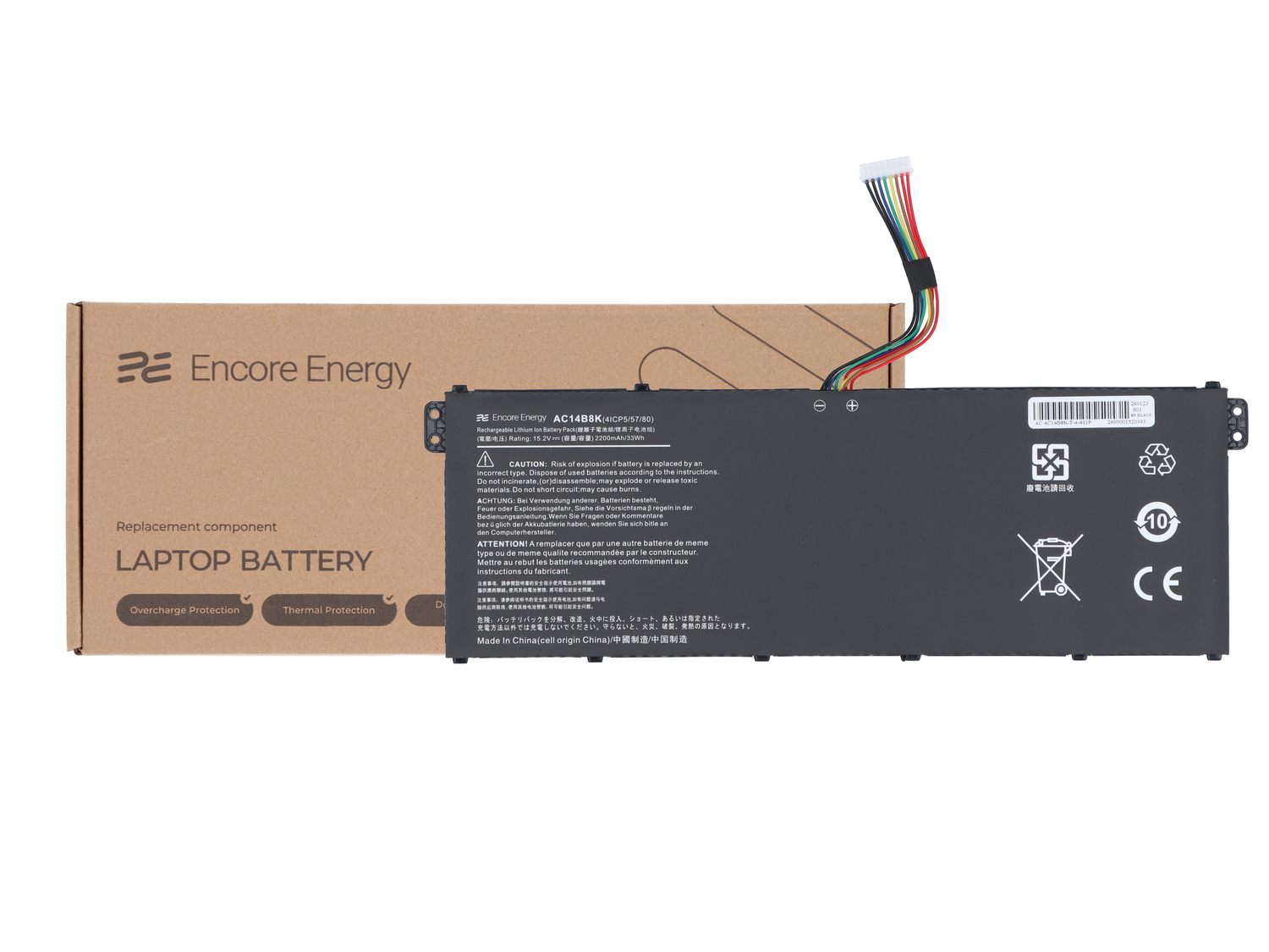 Bateria do laptopa firmy Encore Energy z kablami połączeniowymi i etykietami ostrzegawczymi.